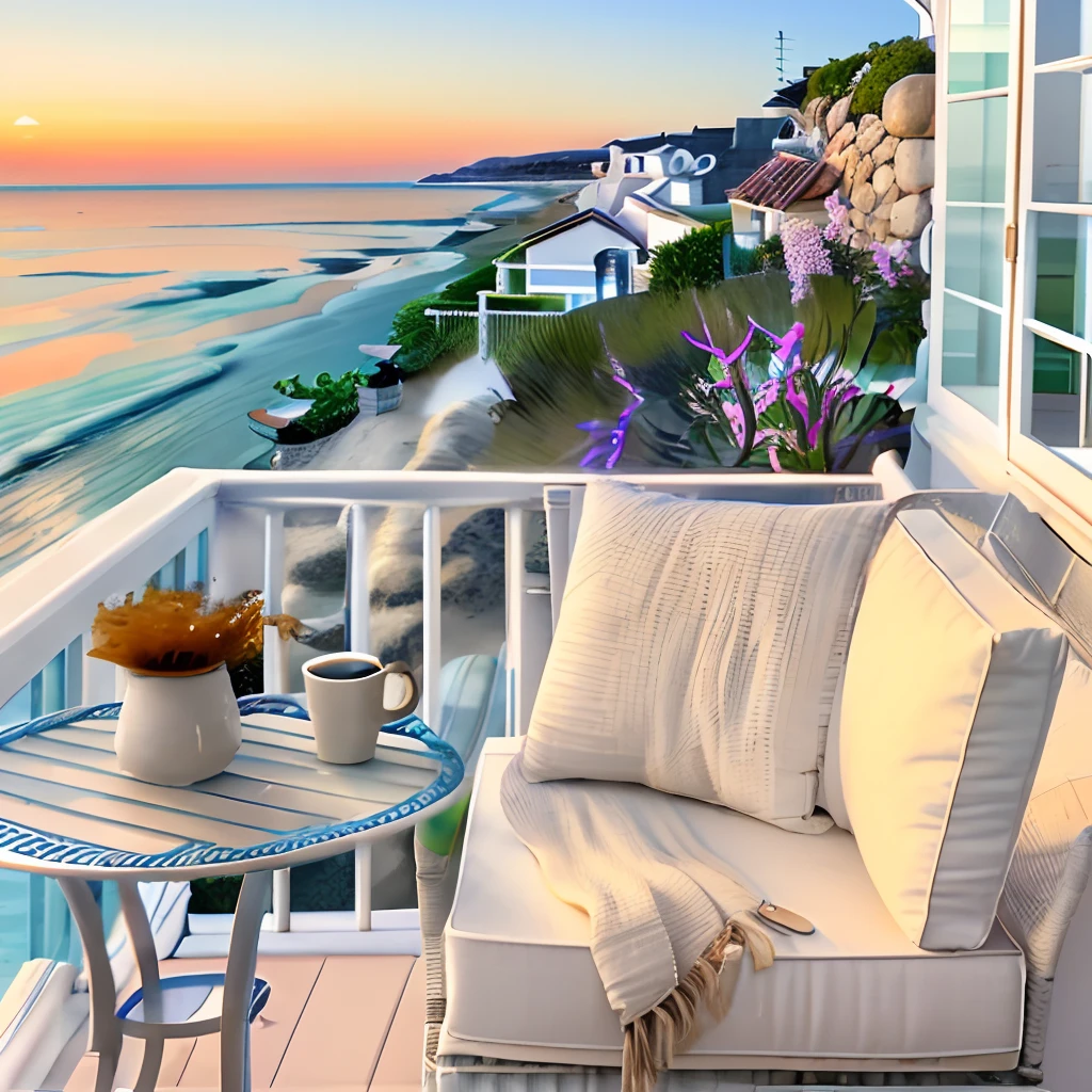 Terrace in a house by the sea, On the terrace there is an armchair and a table.  There is one cup of coffee on the table. dawning