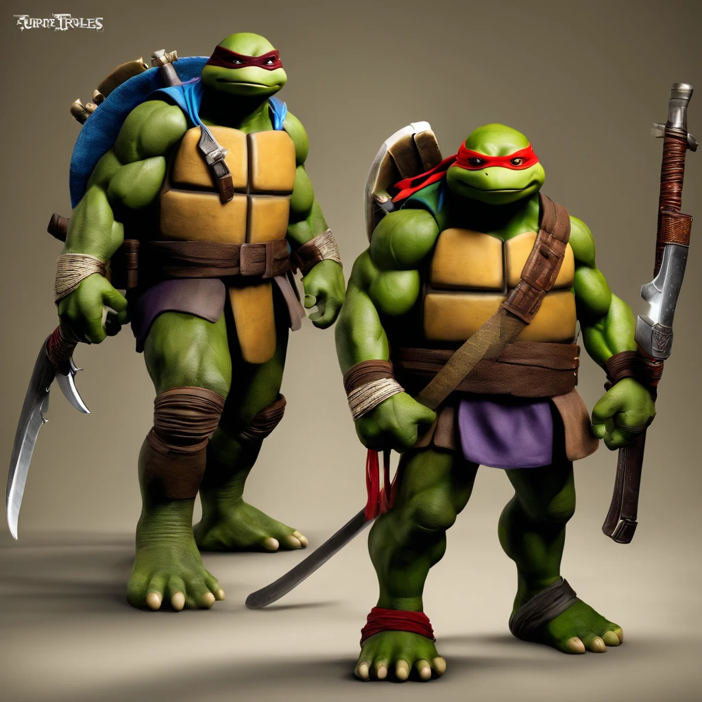 ninja turtles，extreme hight detail，very high res，Four Teenage Mutant Ninja Turtles，Different looks，Different weapons