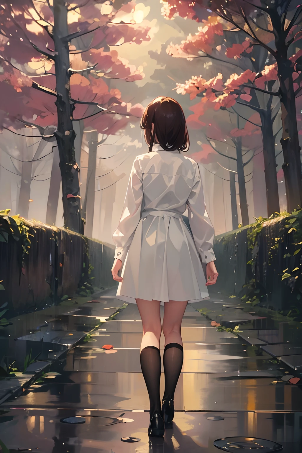 (Best quality),(Masterpiece), (Extremely detailed 8k wallpaper),(very heavy rain),Raindrops in the air,(the night),Cinematic lighting, Dim light, Best shadow, Under the trees, 1 girl's back,(back),Brown hair,White shirt,black short skirt,black long socks,Black leather shoes,reflective hair,