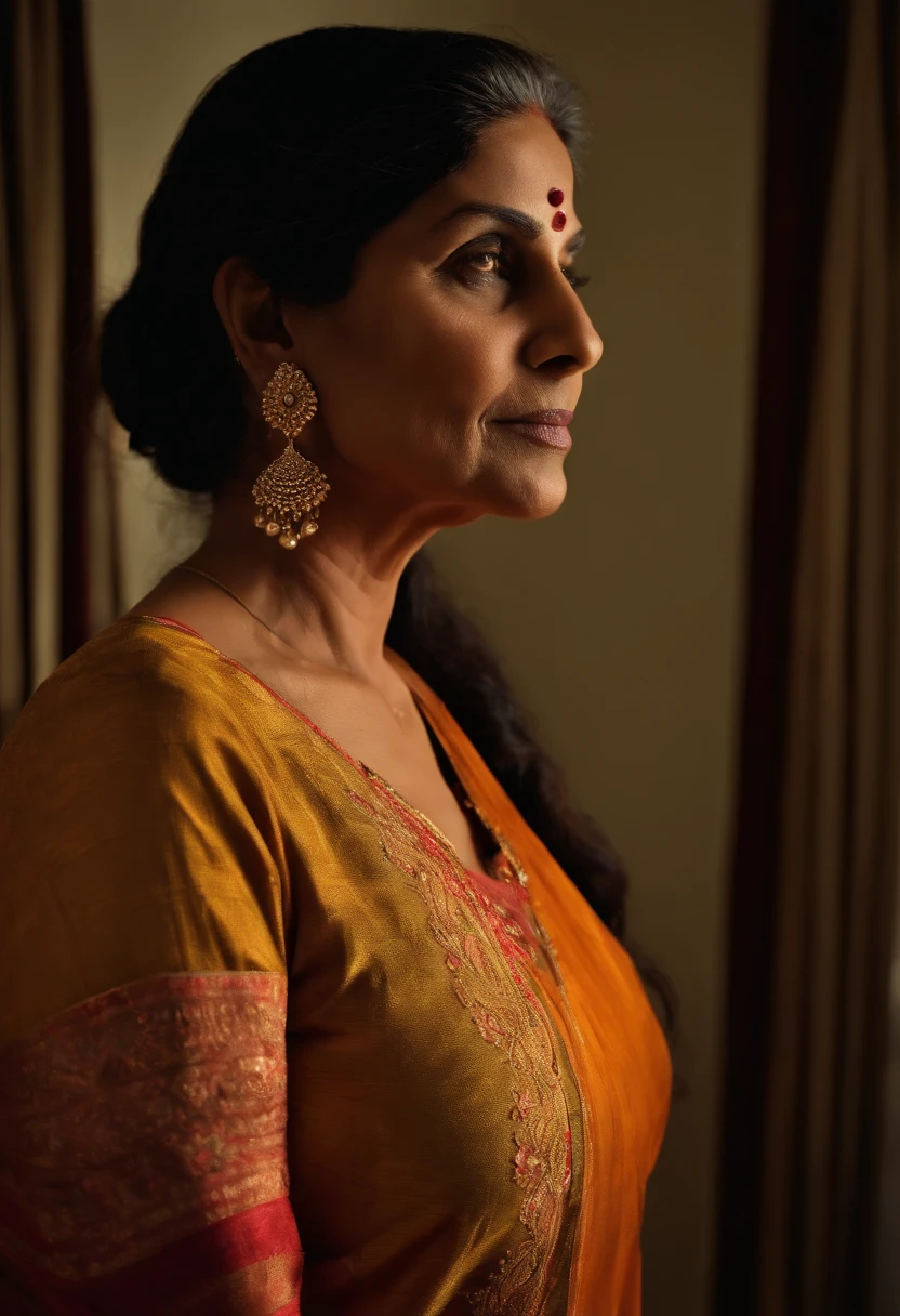 (Full body portrait:1.2),(((Sharpen))), hotel room, RAW, 8k, hard light, realistic skin texture, (((photorealism)), closeup, there is a woman, she is fifty years old, looking like indian aunty, she is very beautiful, Side facing