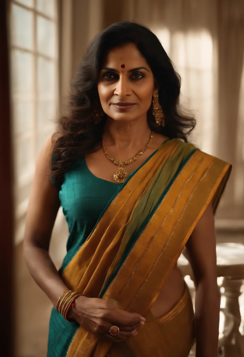 (Full body portrait:1.2),(((Sharpen))), market, RAW, 8k, hard light, realistic skin texture, (((photorealism)), closeup, there is a woman, she is fifty years old, looking like indian aunty, she is very beautiful, smiling face, westren outfit