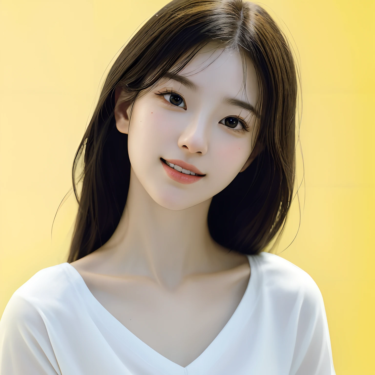 masterpiece, best quality, 8k, absurdres, (upper body:1.4), white shirt, beautiful girl, pretty face, looking at viewer, smile, ultra realistic, highres, photography, film grain, chromatic aberration, sharp focus, HDR, facelight, dynamic lighting, cinematic lighting, professional shadow, simple background, (dull yellow background:1.4), highest detailed, extreme detailed, ultra detailed, finely detail, real skin, delicate facial features, detailed face and eyes, sharp pupils, realistic pupils, (korean, japanese, chinese:0.4)