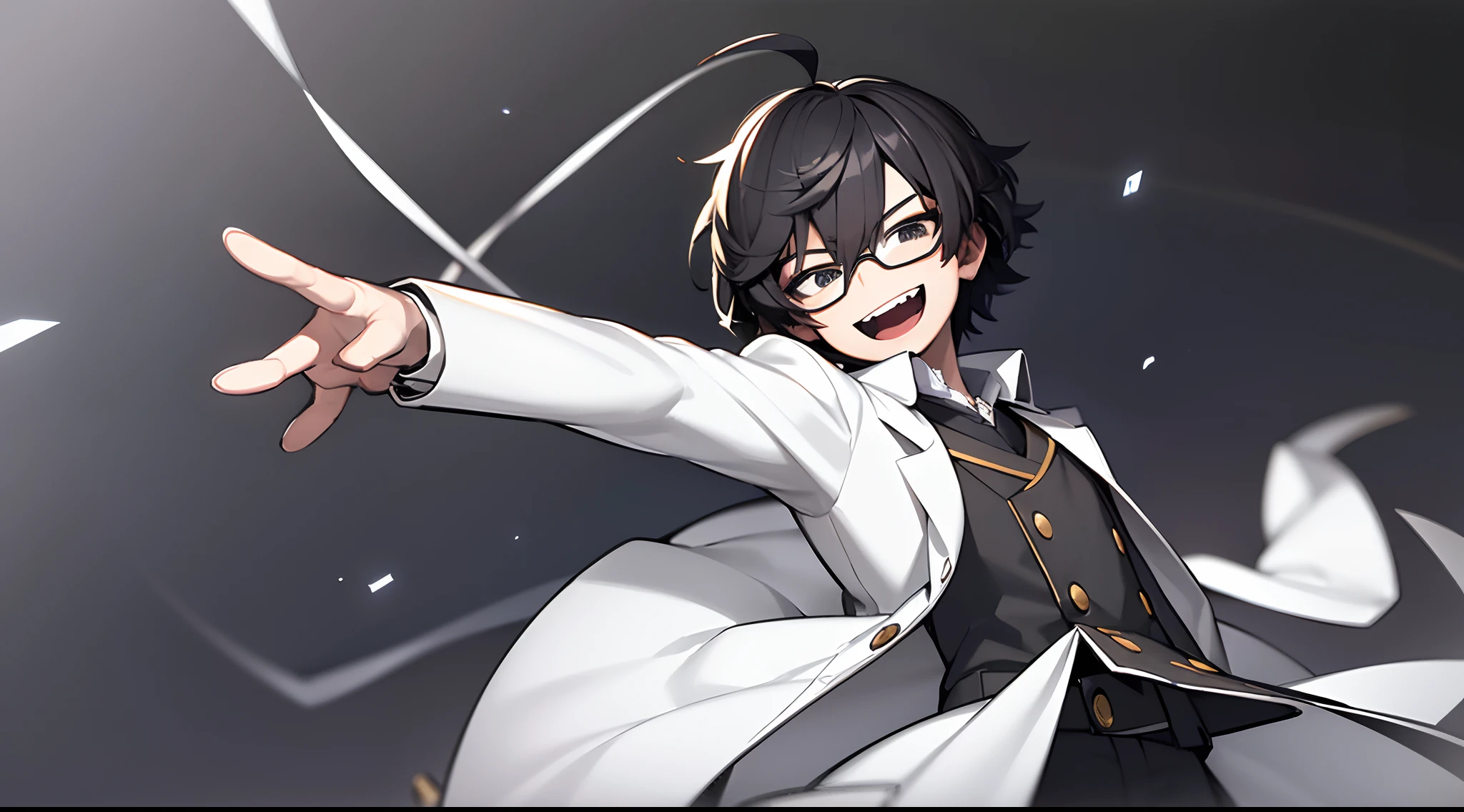 ((masterpiece, best quality)), (1boy), (solo), (male focus), (ahoge, black hair, short hair), (3d cinema glasses)) black eyes, slight smile, open mouth, ( (white coat), (buttoned coat), (button opening)), ((black pants), (long pants)), standing, white background, laughing, arms crossed dynamic angle