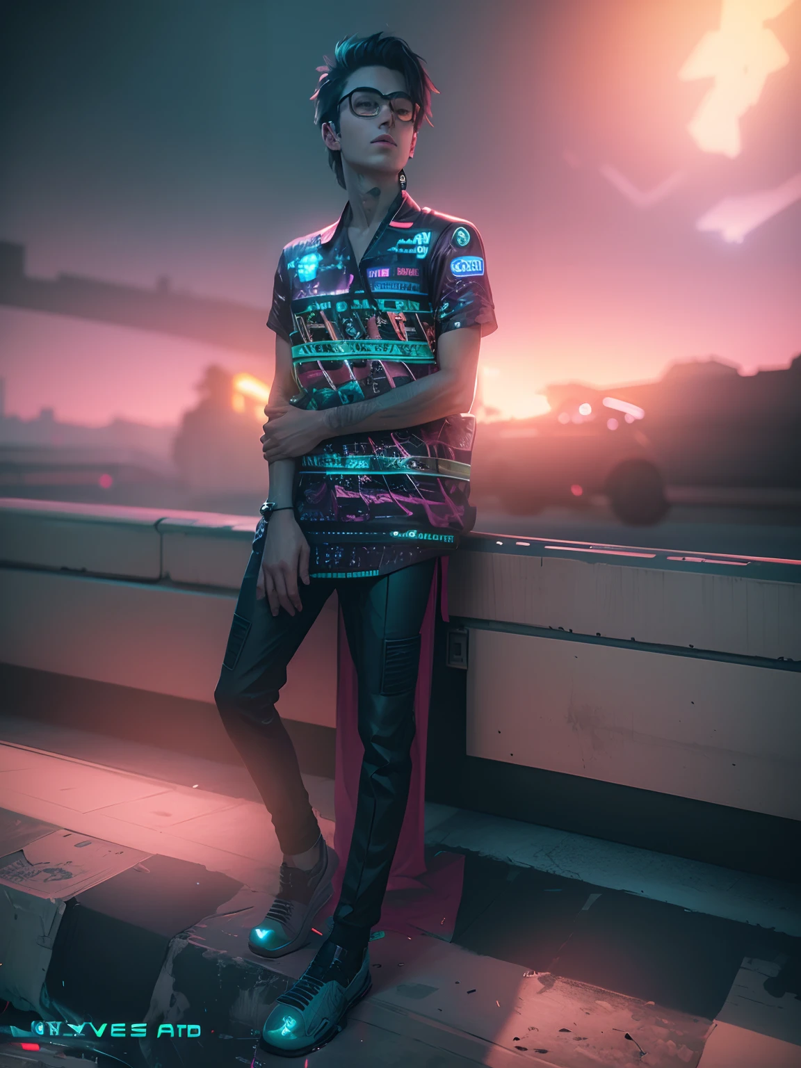 Cyberpunk handsome boy neon background realistic with cars