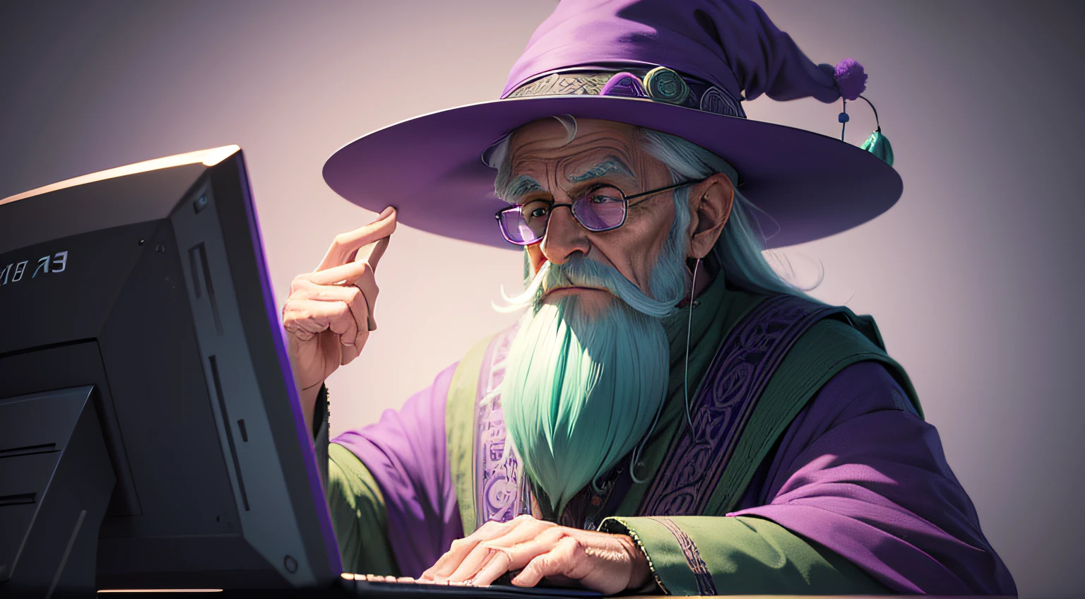 A detailed illustration old age wizard, green hat, purple clotheson computer, programming language background, vector graphics, sometric style, retro aesthetic, focused on the character, 4K resolution, Cinema 4D