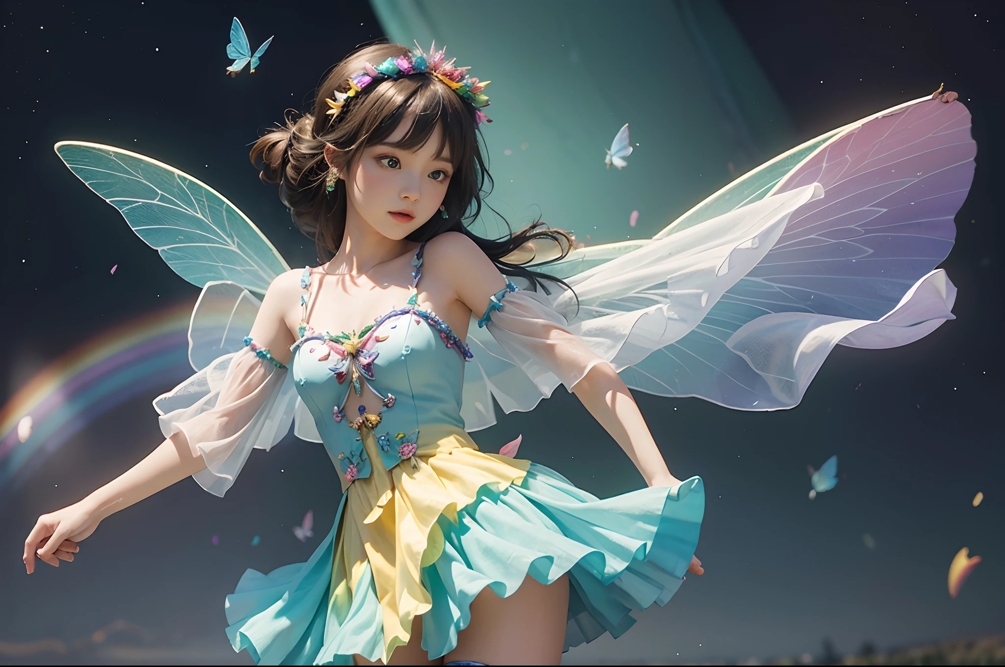 Girls and fairies with delicate wings, dancing, rainbow coloured dresses, rainbow as background, children's book illustration, 3d, whimsical, funny.