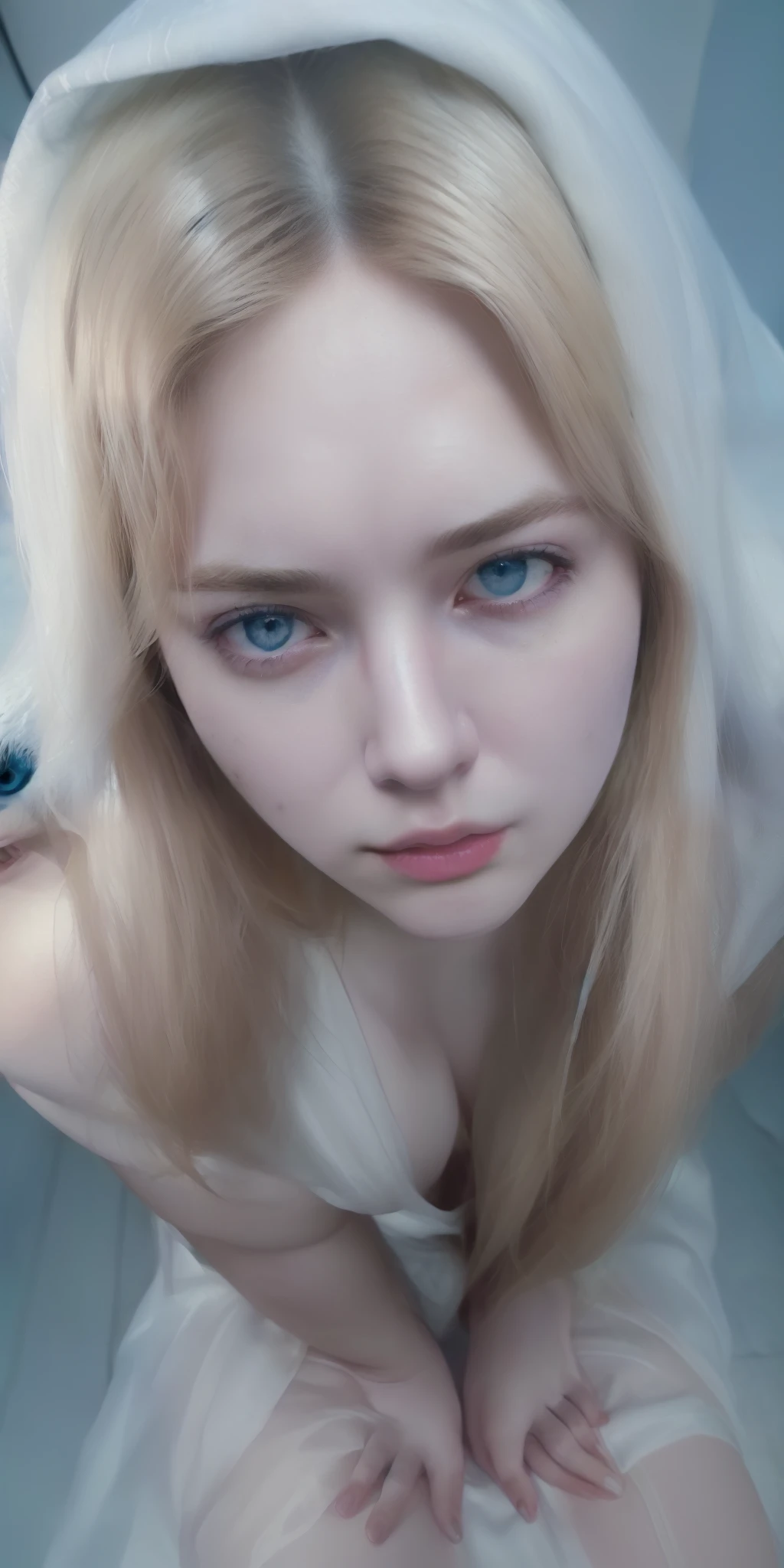 (full body shot) ((bird view photo)) a wavy hair European woman, incredible blue eyes,, luminous design, masterpiece, best quality, extremely detailed 8k, ultra hd, ultra-detailed, highly detailed, highly realistic, (ultra-realistic), hyperrealistic, Real life style, (((top quality, masterpiece: 1.3)), (masterpiece), (best quality), (ultra-detailed),(nudes:1.2), (RAW photo:1.2),(masterpiece:1.3), (best quality:1.4), ultra high res, HDR, 8k resolution, dreamlike, check commentary, commentary request, scenery,((no text)), (full body), (detailed eyes),(detailed facial features), 1girl, araffed woman in white dress posing in front of a wall, super villain, beautiful russian woman, cosplay, cute girl with short pink hair, smooth white tight clothes suit, sexy look, ((pubic hair)), cinematic lighting, (full body shot), depth of field, ultra fine details, detailed clothing, detailed scenery, (perfect face, detailed face, detailed eyes) (cinematic:1.5)(Top Quality, 8k, 32k, Masterpiece, UHD: 1.3)