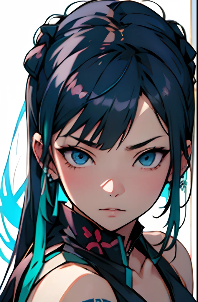 hair adornments、piercings、The tattoo、goth_punk,upper angle、1girl in, 独奏,、top-quality, Photorealistic, An ultra-fine illustrations, beautiful attractive anime girl, miku hatsune, Slender body, Tied hair, furious、Furious、one girls, a photo of girl, Full body shot, Beautiful blue eyes, Turned,耳Nipple Ring、hair adornments、jewely、miku hatsune