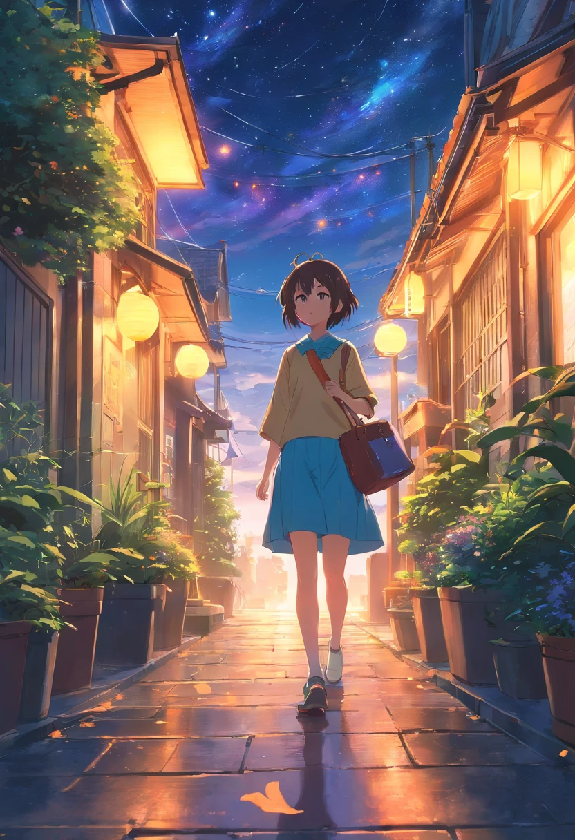 Festival de Halloween, Obra-prima de alta qualidade ,paisagem,anime, Bright starry sky。,Pisif,Conceito-Arte,Estilo de Arte Lofi,Refletores。 Por Makoto Shinkai, Arte Lofi, Belas cenas de anime, Paisagens de anime, detailed scenery—width 672, em estilo de makoto shinkai, Estilo de Makoto Shinkai,Aprimoramento de detalhes