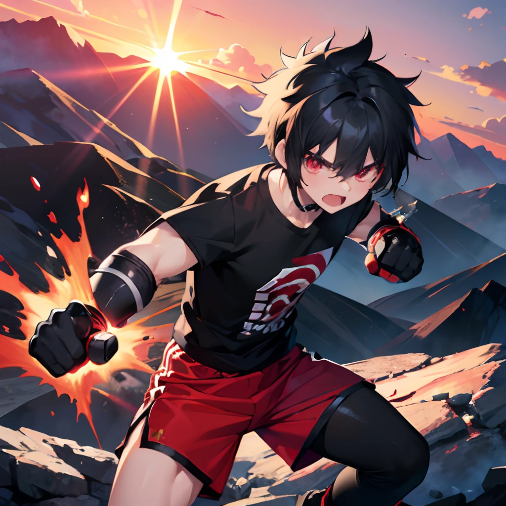 best quality, 8k, ultra-detailed, anime boy, 1 boy, 1st grade, teenager, messy black hair, black hair, bleached hair, short voluminous hair, spiky hair, bright red eyes, ultra deitailed eyes, angry expression, long black compression shirt, Black Shirt, kanji, Red shorts, lean muscular body, well-defined muscles, punching, red energy sphere in hand, long red boxer gauntlets, fighting pose, mountain background, sun sunset