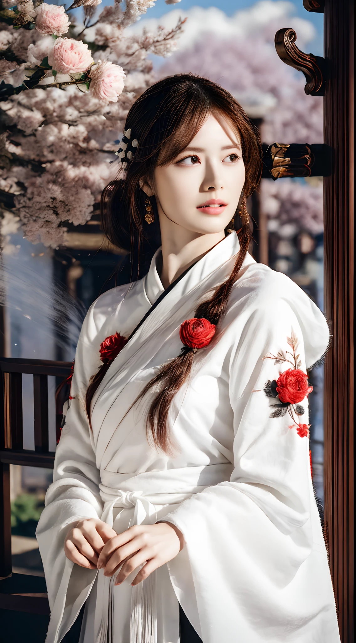 (Best quality,4K,A high resolution,Masterpiece:1.2),Ultra-detailed,Realistic, Black and white Hanfu,Black embroidery, Flowing white ponytail, Long flowing hair, White mask, The mask flutters in the wind, Fringed Hair Ornament, Peony flower, Ancient style, Wide sleeves, Dynamic pose, Dramatic composition, falling flower petals, red waistband, the complex background, Ancient architecture, Misty clouds, Fairy tale background, Swirling clouds, Cinematic lighting.