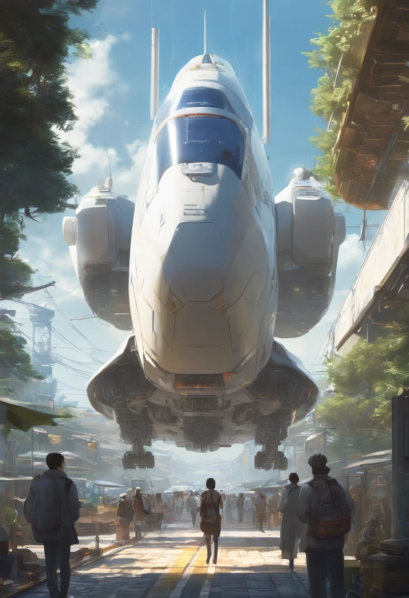 (word, Saying: hello: 1.2), science-fiction, space ships, Robots, Drones, Detailed line graphics, fine details, Makoto Shinkai Kyoto's Key Animation Art, trending on ArtStation, trending on CGSociety