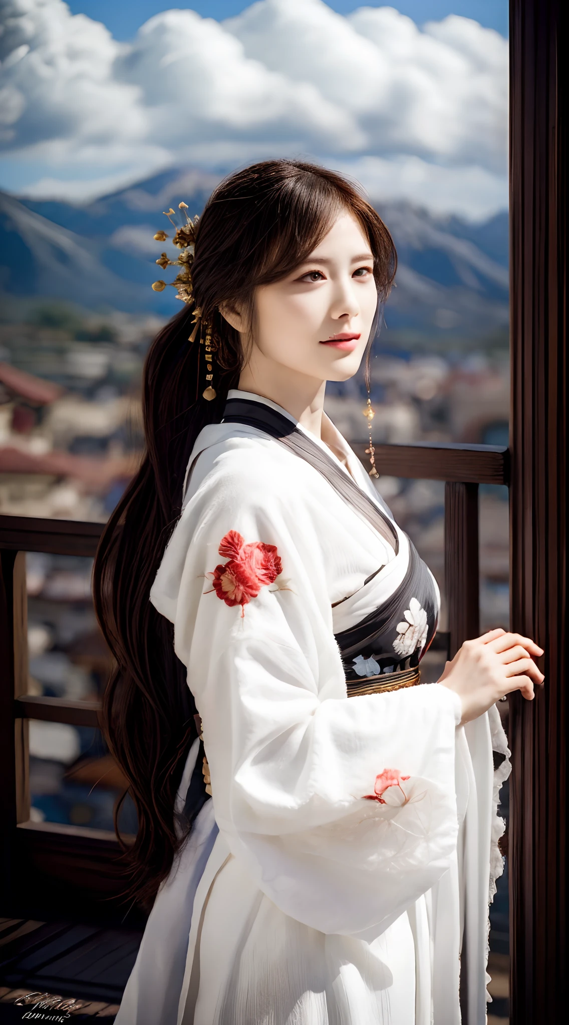 (Best quality,4K,A high resolution,Masterpiece:1.2),Ultra-detailed,Realistic, Black and white Hanfu,Black embroidery, Flowing white ponytail, Long flowing hair, White mask, The mask flutters in the wind, Fringed Hair Ornament, Peony flower, Ancient style, Wide sleeves, Dynamic pose, Dramatic composition, falling flower petals, red waistband, the complex background, Ancient architecture, Misty clouds, Fairy tale background, Swirling clouds, Cinematic lighting.