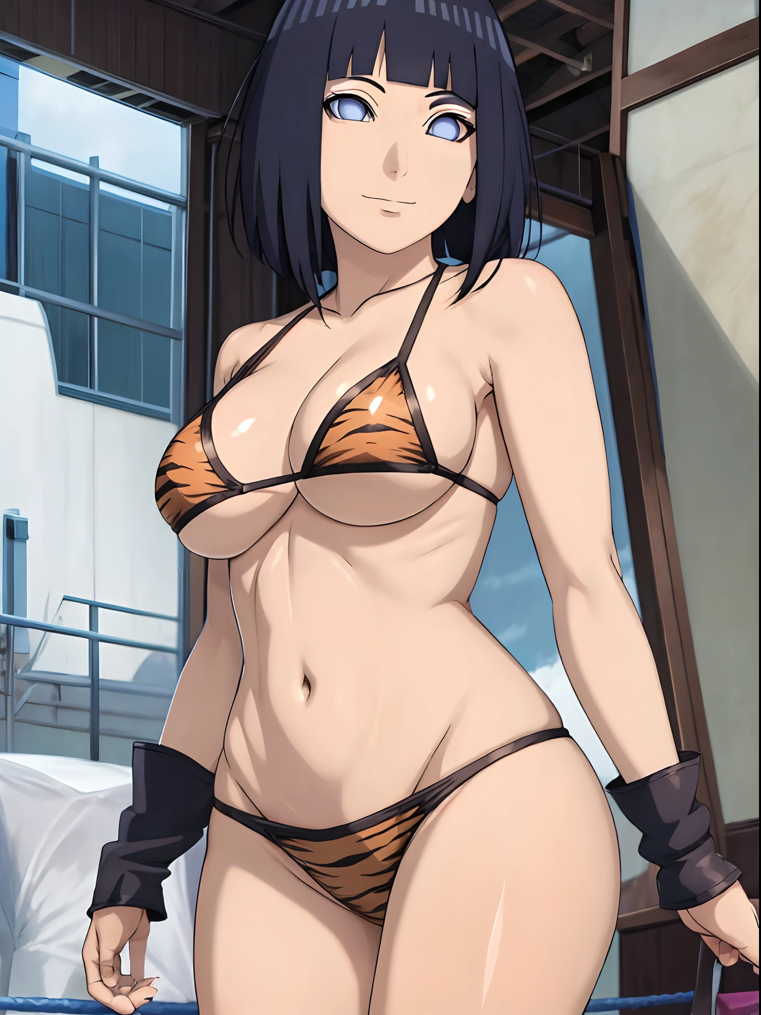 (4k, no angle view, portrait, best quality, cowboy shot), (ultra detailed body, curvy), ((solo, 1 girl)), anime style, hires, ((white background)), (hinata\(boruto\), (female wrestler), (slender body, broad shoulders), ( woman, milf),gress, micro bikini, ultra detailed pro wrestling gear, long gloves, long boots), (extremely gorgeous), (tilt head, seductive look, ((seductive pose, armpit, stretching)), seductive face, seductive expression, (sexy expreon), smile, closed mouth), (pale skin, shiny skin, lighting and shadow), (dark blue hair color:1.1), wavy hair, ((short hair, hime cut, (floating hair)), (big breasts, asts), ((detailed arm, slightly strong)), (long belly, bruised belly), (very seductive), (perfect eyes, anime eyes)