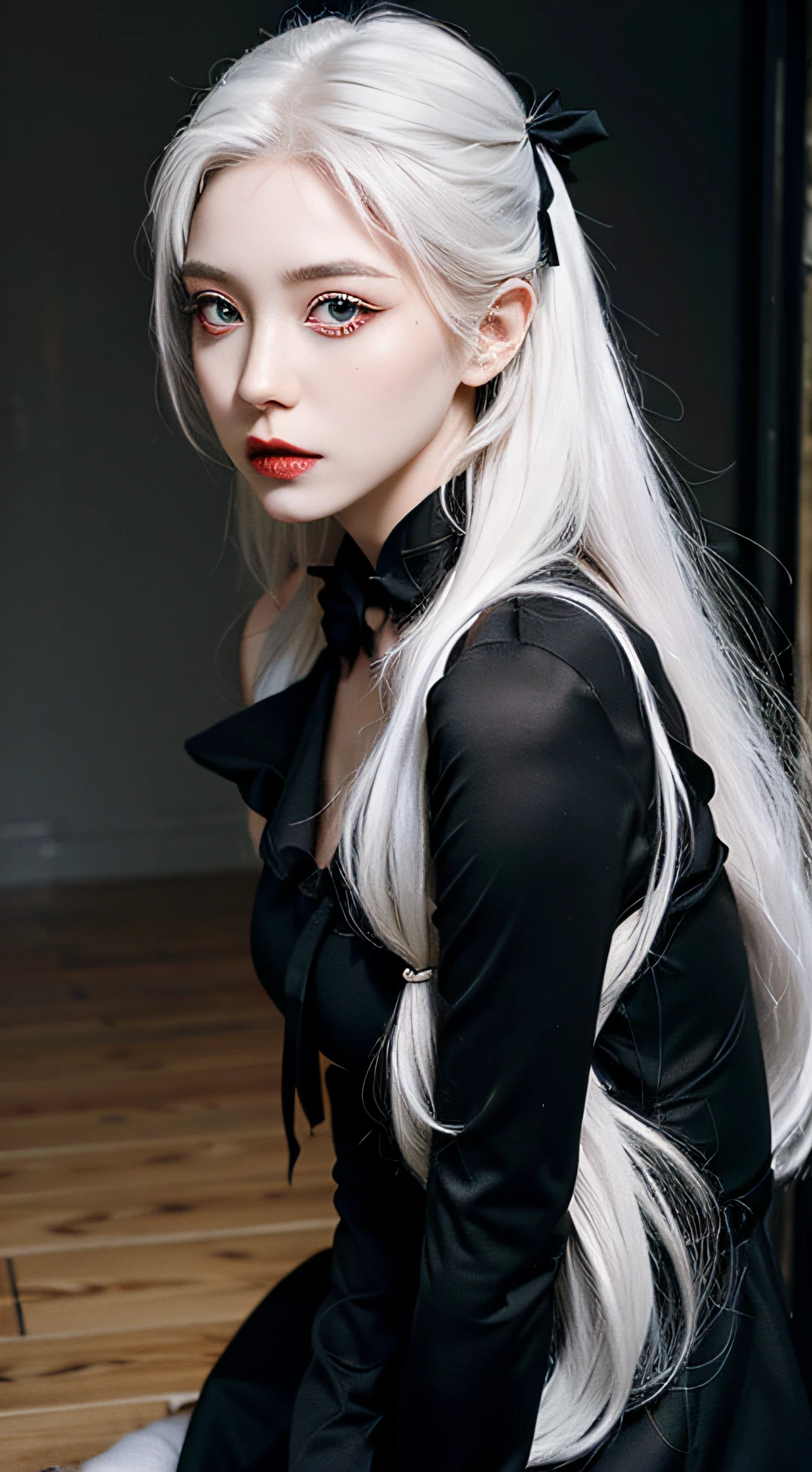 Girl with white hair to the floor. A tail with a black bow is tied at the back. Dressed in a black dress with red accents. The eyes are gray, Empty, Sad. He wears white gloves on his hands. pale face, Soft facial features.