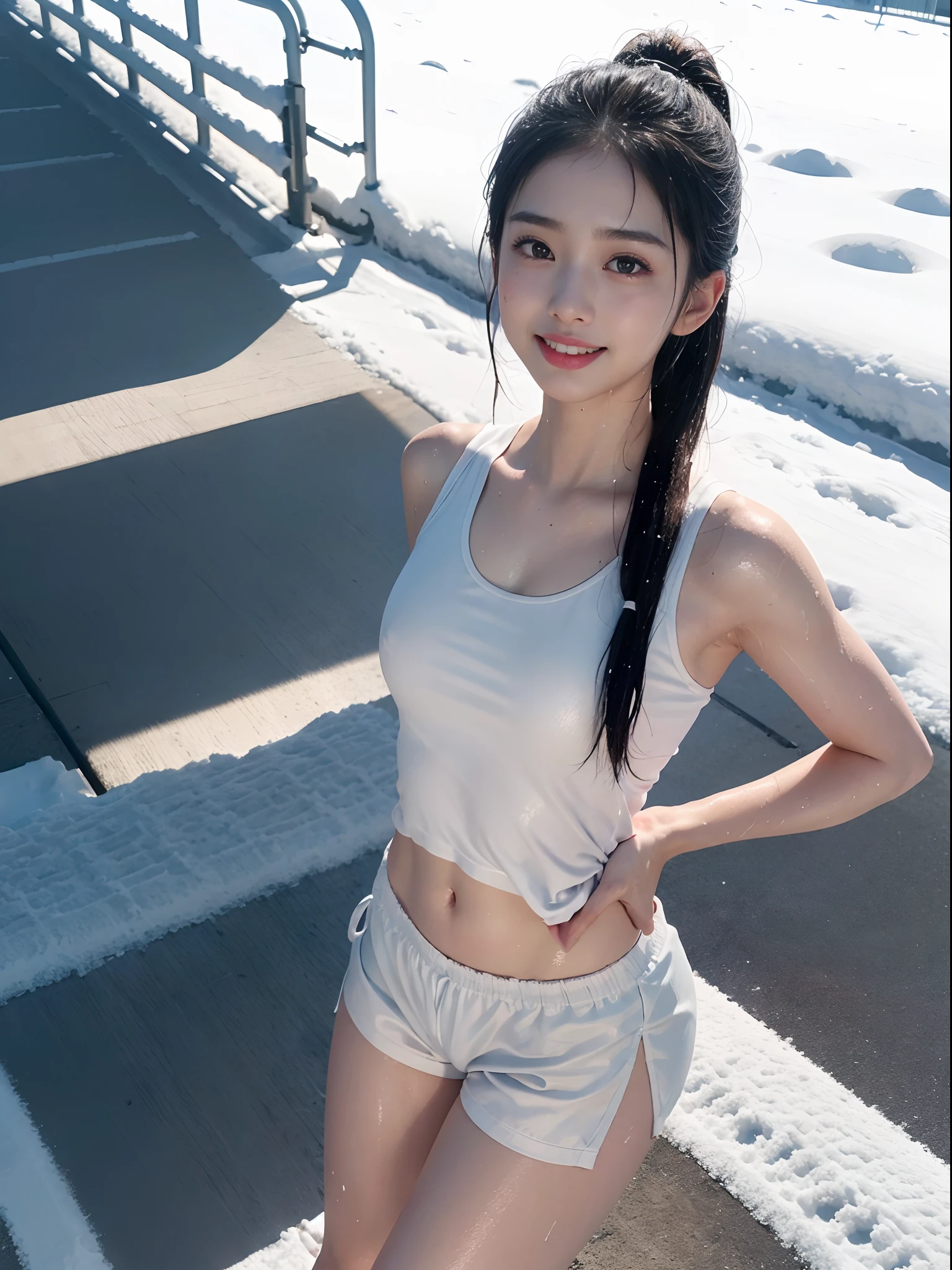 Top image quality、hight resolution、in 8K、Real live-action、masutepiece、独奏、small tits、White sleeveless uniform、Pink tight high-leg shorts、(((Beautiful alignment and snow-white teeth)))、Sparkling eyes、sparkly eyes、Shiny lips with lip gloss、track and field athlete、high-ponytail Hairstyle、no-bra、full body Esbian、A smile、A slight smil、Tecateca skin、glowy skin))、Sweaty face、Latina, puberty, full of sweat、red lipsticks、Walk along the tracks of the athletics stadium、独奏、On both hands and hips、Navel is visible、((Thigh Raising Training))、((Running on the track))、(((Macho Body)))、((Uniform wet with sweat))、(((see the whole body)))、Too bright natural light、The Bright Sun、