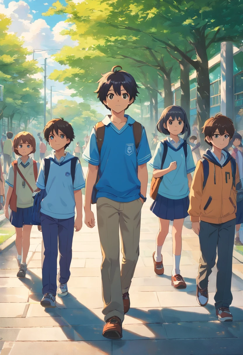 Um menino de 12 anos carrega uma mochila escolar,vestindo um uniforme escolar azul,Put your hands in your pockets,Stand at the entrance of the primary school,Olhando para o belo campus, Tudo o que vi foram as costas dele,The little boy is surrounded by a group of elementary school students of the same age,They walked towards the campus