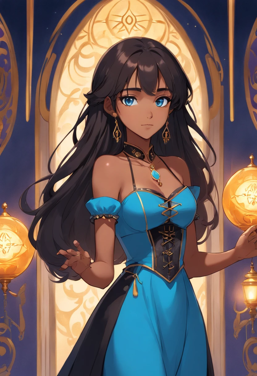 Tarot card reader girl, pastel blue eyes (Caramel Brown skin Black girl moor, long black hair::8 ), dark blue dress with corset, silver jewelry, studio ghibli style, Full slim Body, colors bright, risa loca, malvada, Hair::-10