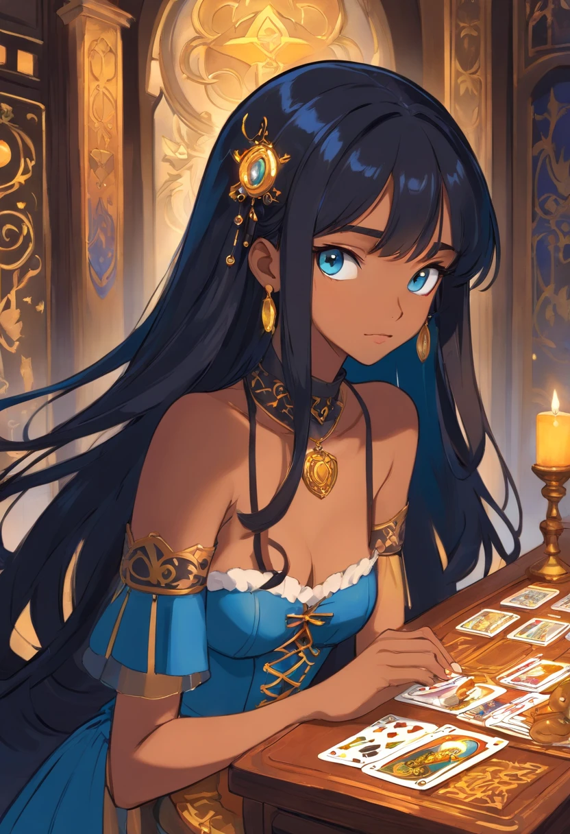 Tarot card reader girl, pastel blue eyes (Caramel Brown skin Black girl moor, long black hair::8 ), dark blue dress with corset, silver jewelry, studio ghibli style, Full slim Body, colors bright, risa loca, malvada, Hair::-10