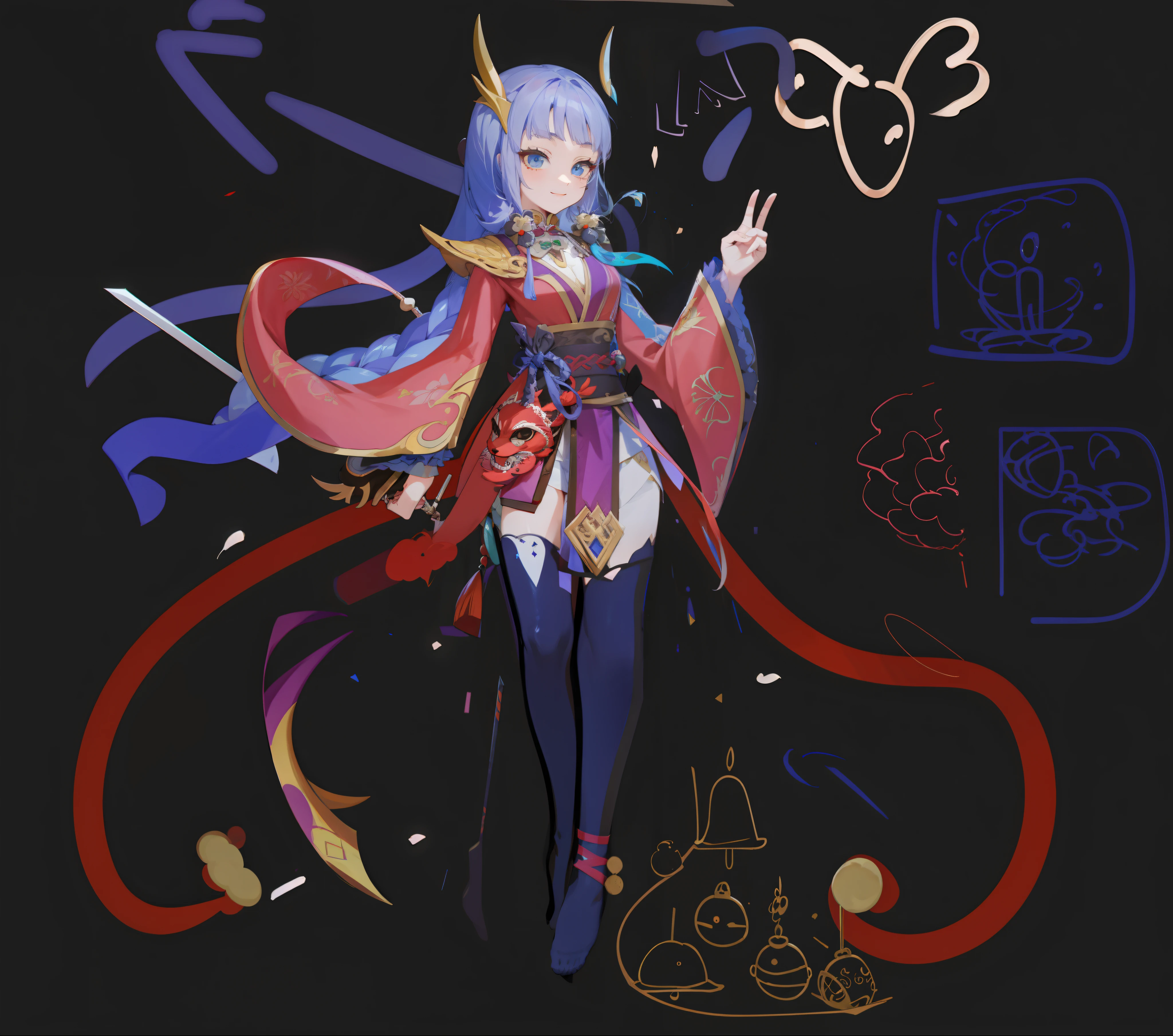 Anime characters with a sword and a cat on black background, Onmyoji detailed art, onmyoji, full-body xianxia, Keqing from Genshin Impact, zhongli from genshin impact, [ Character design ], Ayaka Genshin impact, [ conceptual art ]!!, touhou character, G Liulian art style，Girl，Exquisite facial features，Light and shadow details，adolable