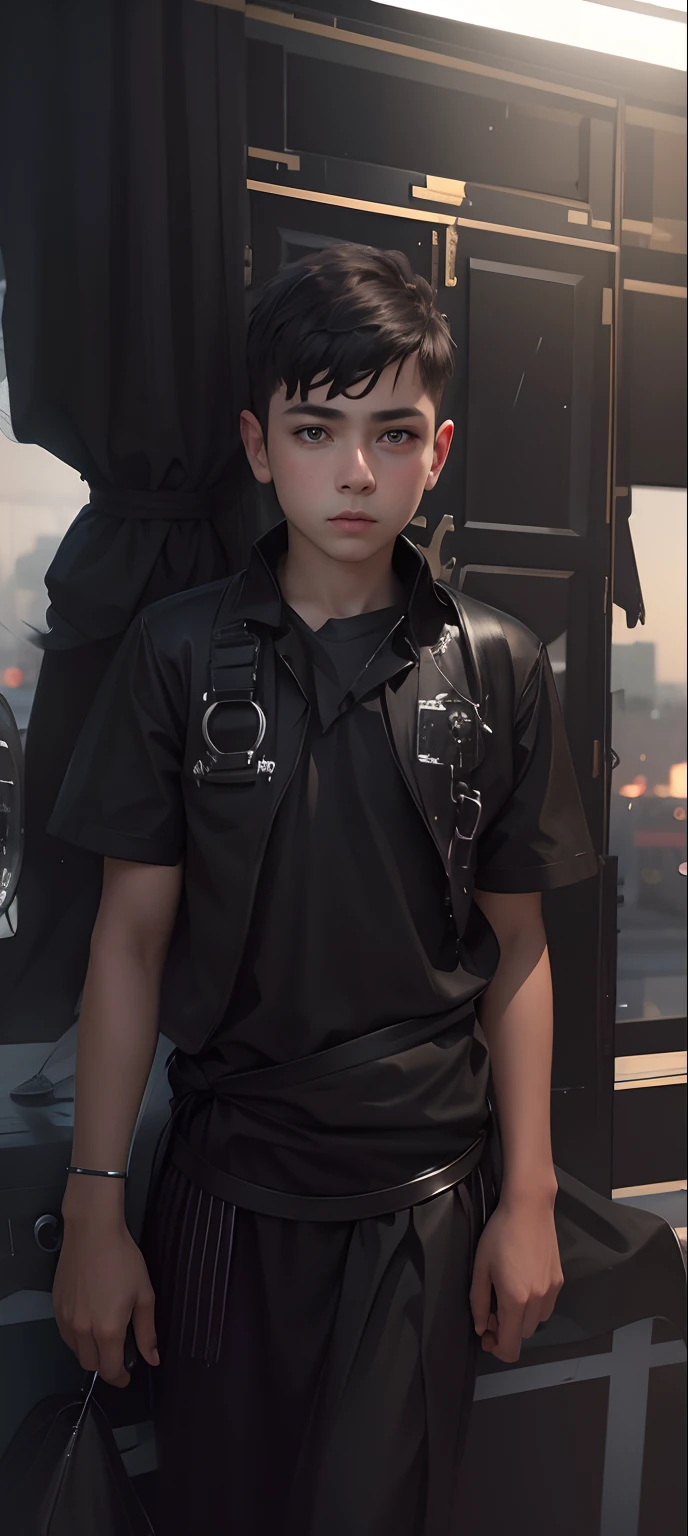 Change background cryberpunk cute boy in black dress, realistic face , High quality realistic ,8k ultra realistic,