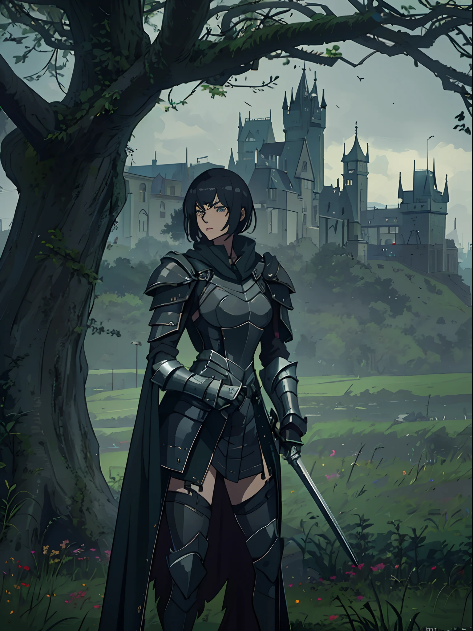 gloomy goth emo female knight, depressed, cloudy foggy misty setting, vast desolate field, castle in far distance, black eyeliner, black eyeshadow, tomboy, short hair, hair between eyes, side-locks, medieval intricate elaborate knight armor, narrow waist, wide hips, overcast