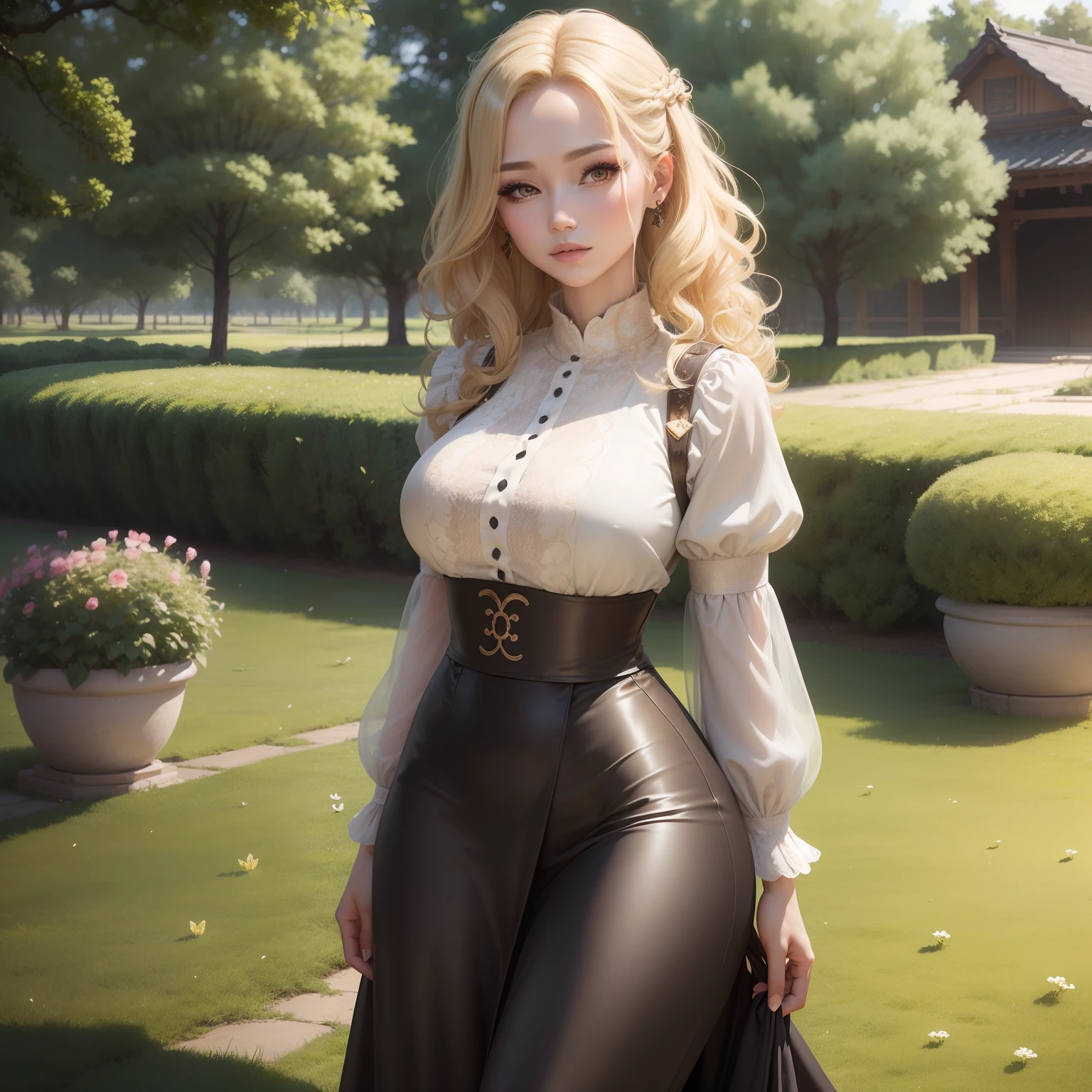 (masutepiece:1.2), (Best Quality:1.2), Full body portrait,Perfect eyes, Perfect face, Perfect Lighting, 1girl in, Mature woman in the field, medium blonde hair, Curly hair, detailed clothes, Detailed outdoor background, makeup, eyeshadows, thick eyelashes, Fantasy, Looking at the viewer, spring,
