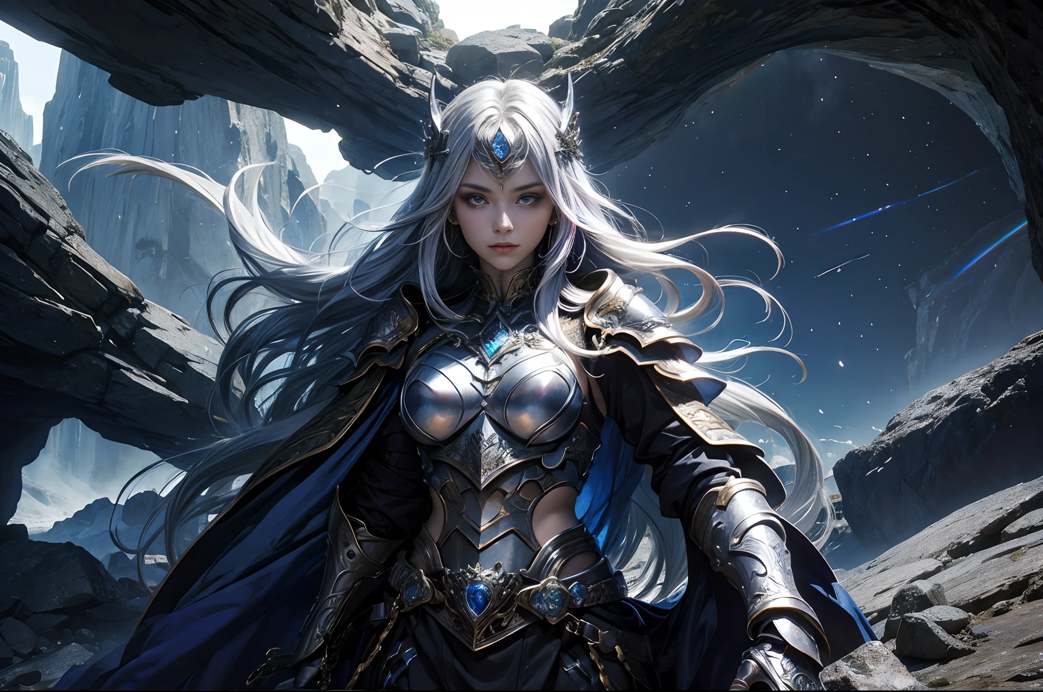 Girl with long rainbow hair, decorated silver armor, highly detailed, sapphire cave as background.
