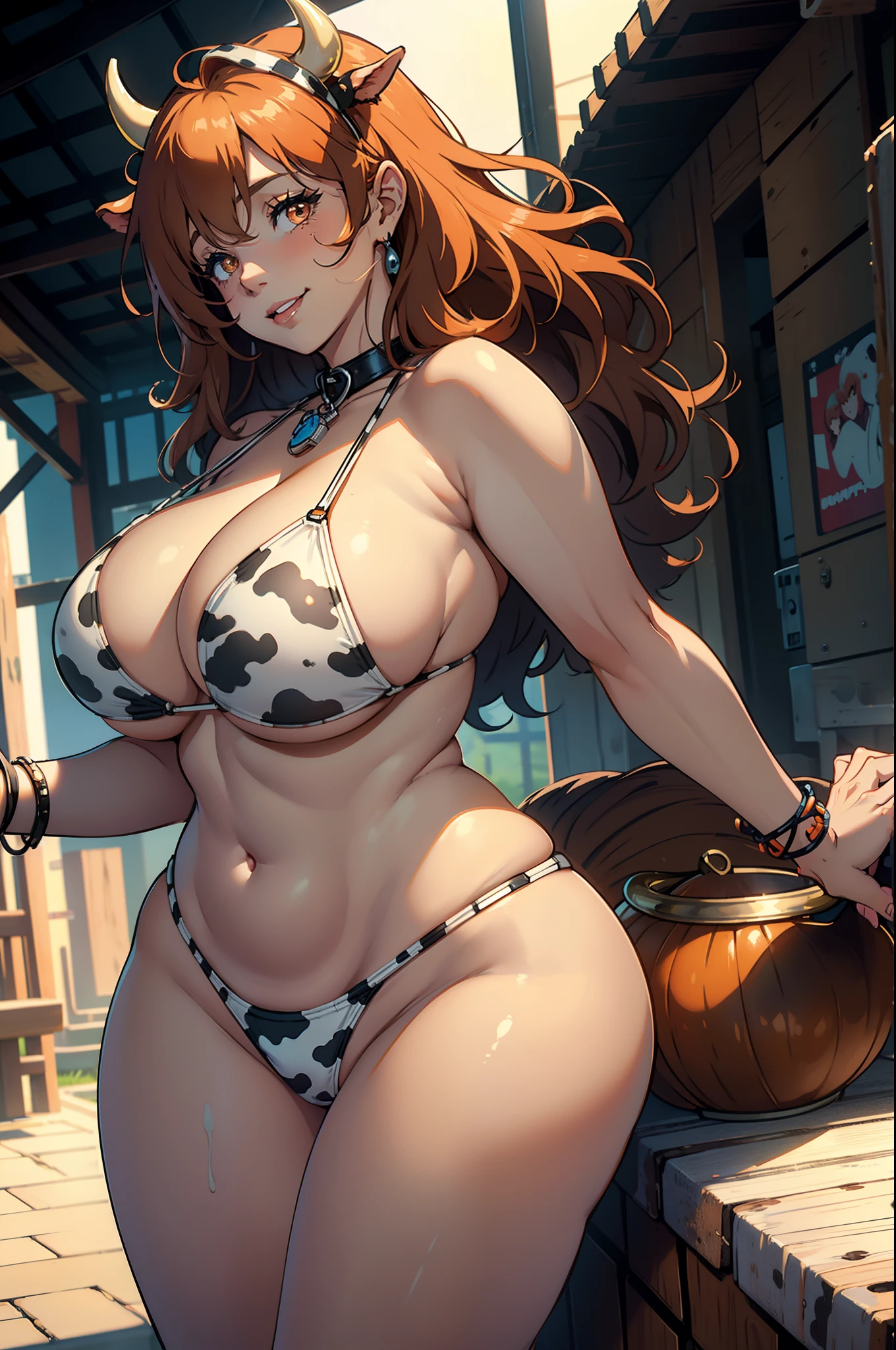 Best quality, solo mature woman, giant breasts, giant ass, very curvy, fluffy bouncy hair, pastel orange eyes, full lips, seductive, smiling, cow girl ears, cow horns, cow bell necklace, fluffy cow tail, bikini