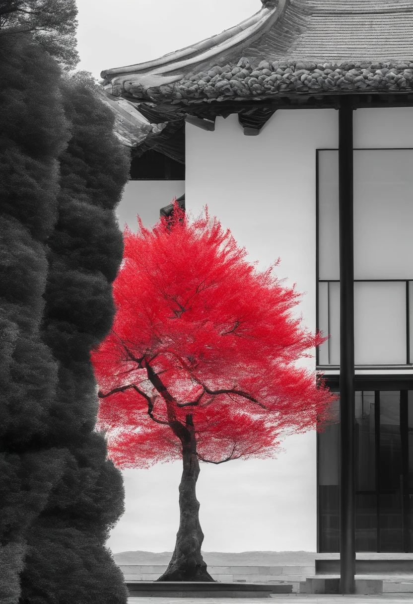 A tree with red dotted leaves, Little people under the tree, Black and white Suzhou architecture in the distance, Chinese Style Landscape Zen Minimalist Aesthetics Chinese Traditional Culture Chinese Style Landscape New Chinese Oriental Aesthetics High-end color matching
