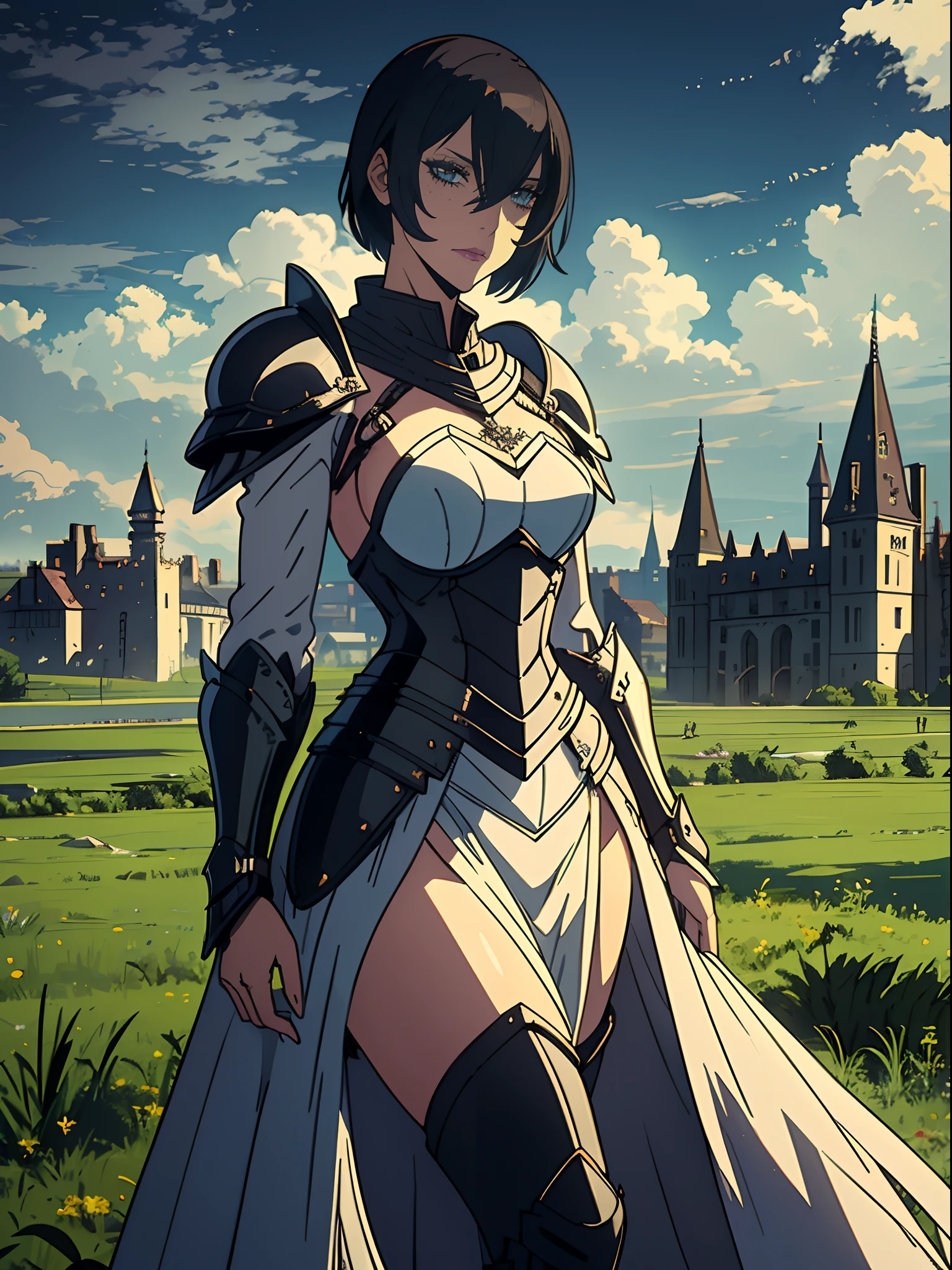 gloomy goth emo female knight, depressed, cloudy foggy misty setting, vast desolate field, castle in far distance, black eyeliner, black eyeshadow, tomboy, short hair, hair between eyes, side-locks, medieval intricate elaborate knight armor, narrow waist, wide hips, overcast