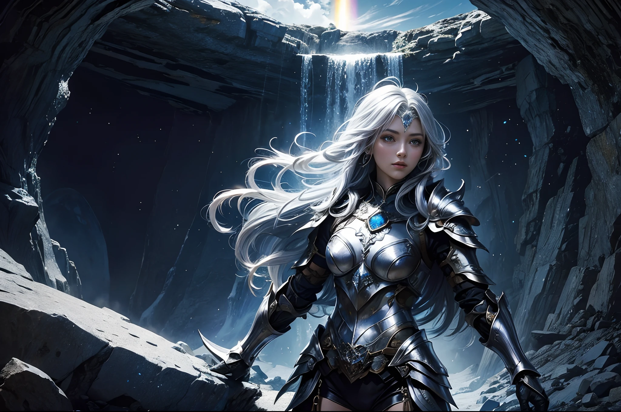 Girl with long rainbow hair, decorated silver armor, highly detailed, sapphire cave as background.