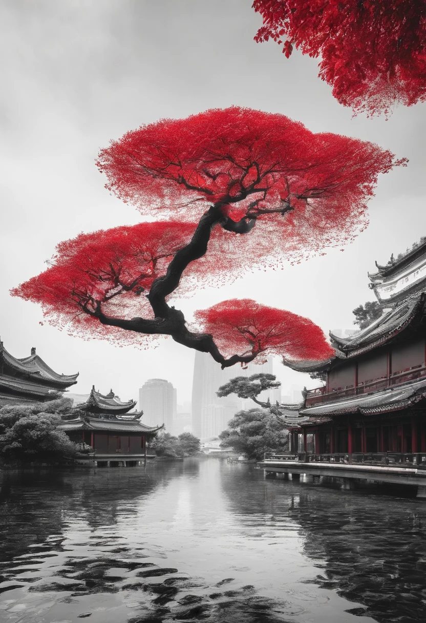 A tree with red dotted leaves, Little people under the tree, Black and white Suzhou architecture in the distance, Chinese Style Landscape Zen Minimalist Aesthetics Chinese Traditional Culture Chinese Style Landscape New Chinese Oriental Aesthetics High-end color matching