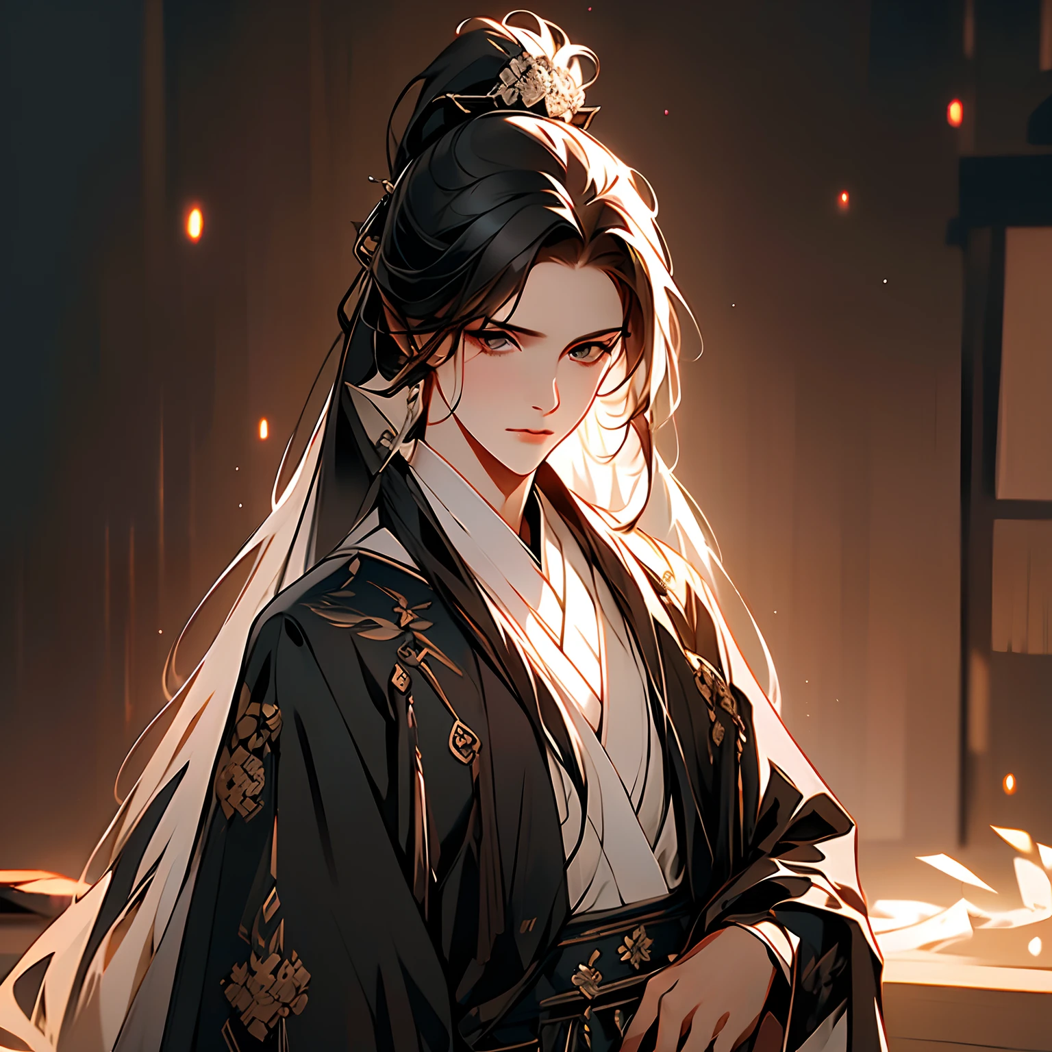 Mature woman,Royal Sword Flight,cabelos preto e longos,face expressionless,Hanfu,Manteau blanc,Highest image quality,Beautiful eyes,Delicate facial features,Chinese painting illustration,Long hair with a fluffy and messy high ponytail,sketch,Eye light perception