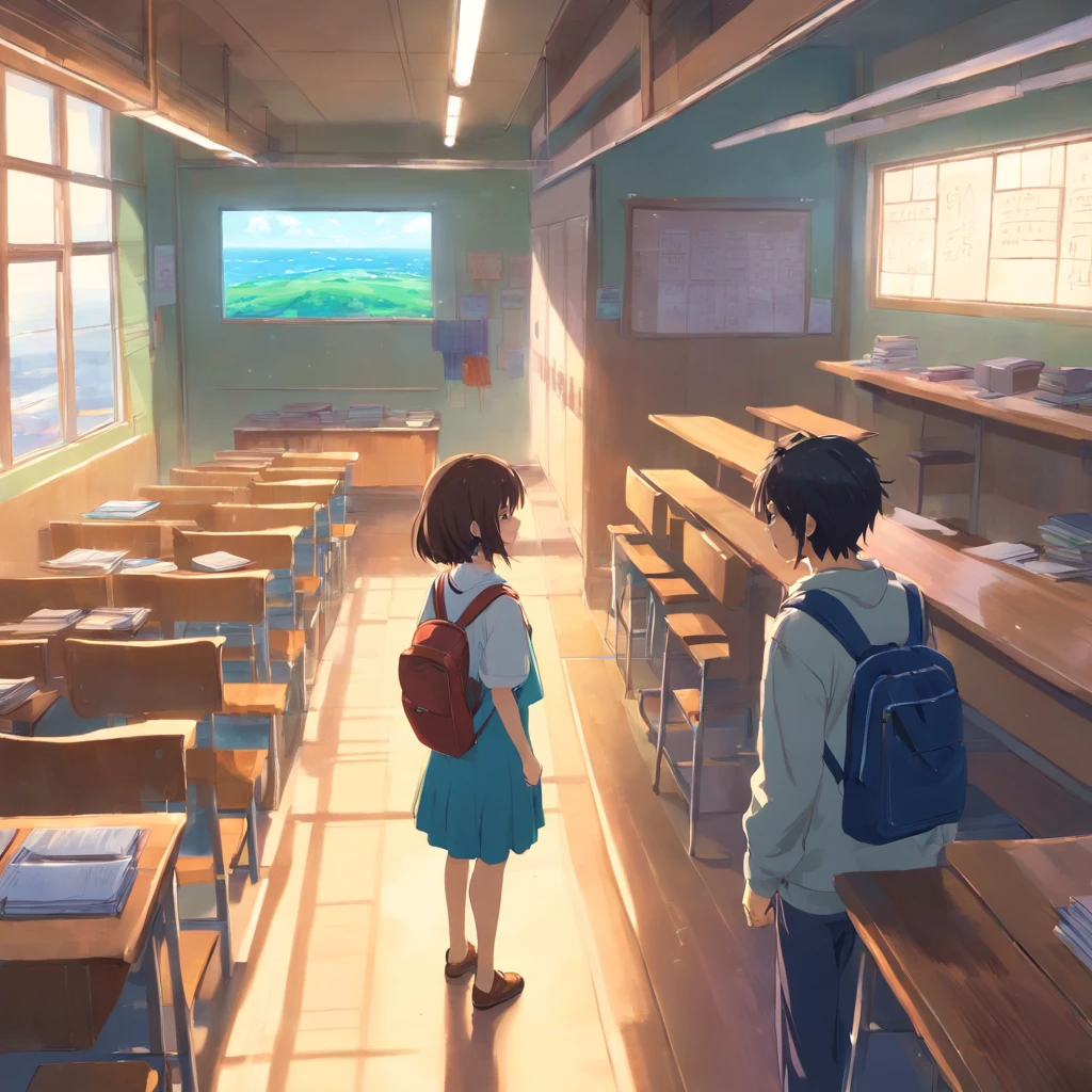 Garota na escola isolada de seus colegas, os alunos na imagem conversando entre si e a sozinha no fundo