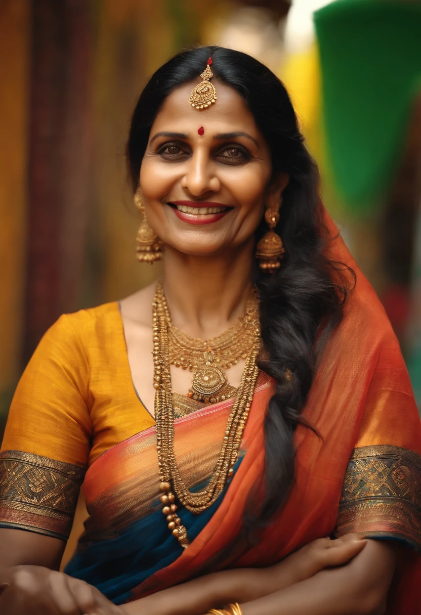 (Full body portrait:1.2),(((Sharpen))), market, RAW, 8k, hard light, realistic skin texture, (((photorealism)), closeup, there is a woman, she is fifty years old, looking like indian aunty, she is very beautiful, smiling face, westren outfit