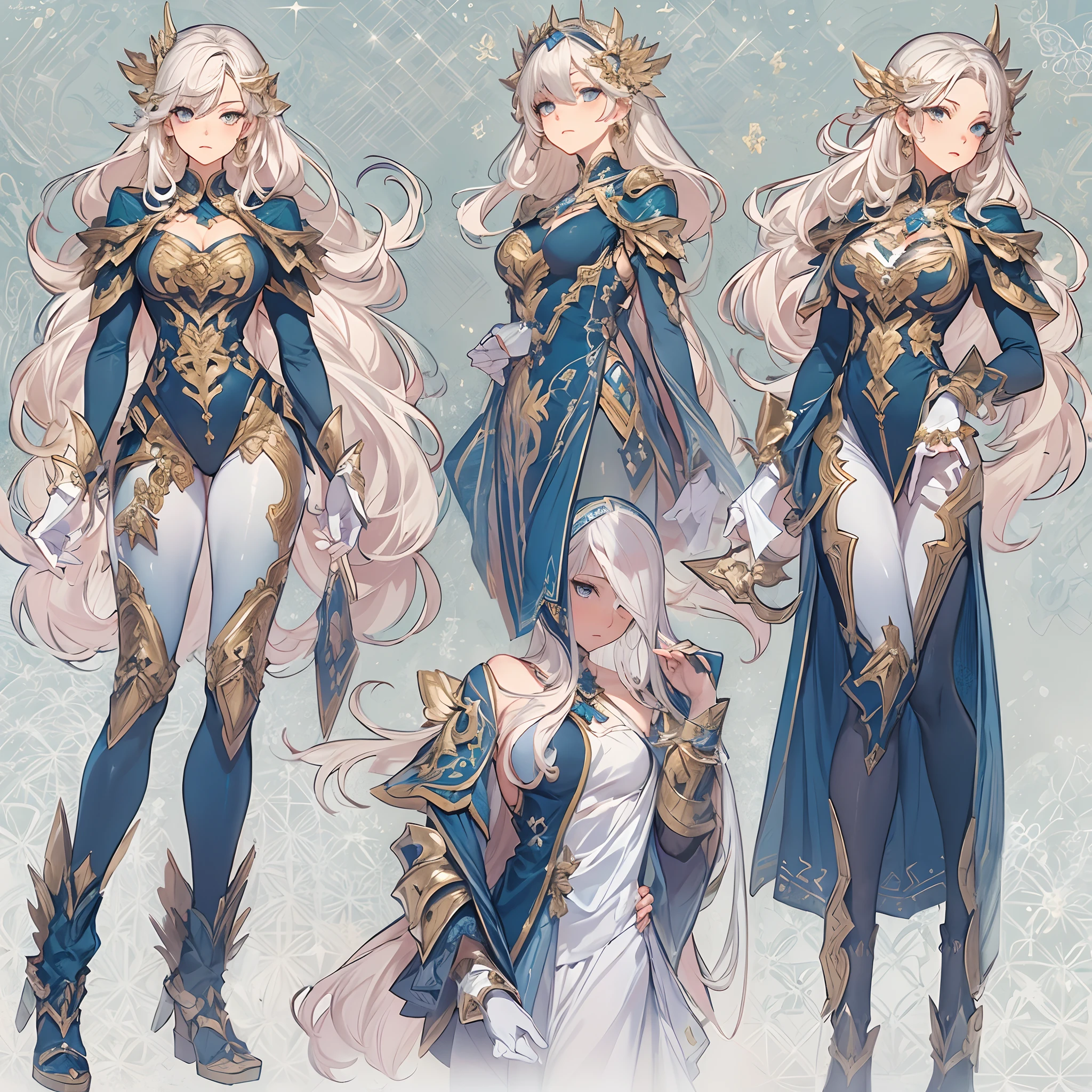 ((Masterpiece, Highest quality)), Detailed face, CharacterDesignSheet, full bodyesbian, Full of details, Multiple poses and expressions, Highly detailed, Depth, Many parts,Beautiful paladin girl,Navy,estilo fantasia,Holding a shield,Extremely beautiful,High Balance, Natural light, Lace,lacepantyhose,starrysky,Star decoration
