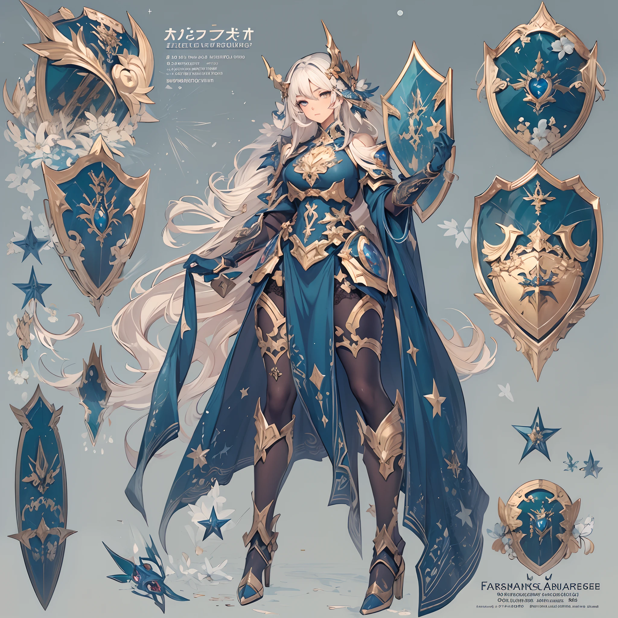 ((Masterpiece, Highest quality)), Detailed face, CharacterDesignSheet, full bodyesbian, Full of details, Multiple poses and expressions, Highly detailed, Depth, Many parts,Beautiful paladin girl,Navy,estilo fantasia,Holding a shield,Extremely beautiful,High Balance, Natural light, Lace,lacepantyhose,starrysky,Star decoration