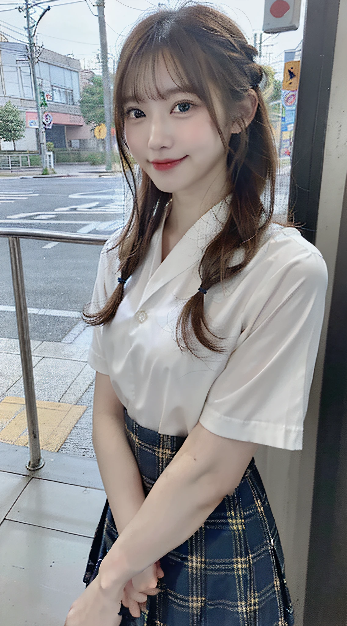 ((1 female、full body shot、take pictures of everything about her、perfect anatomy))、(Low - Angle:1.8)、(high socks)、black eye、korean school uniform、summer school uniform shirt、ribbon tie、plaid mini skirt、light brown hair、stairs at school、stairs at schoolをかけ下りる、chest-up pose、Pose to show off your breasts、8k raw photo、High resolution、16-year-old cool Korean、very round chest、beautiful eyes、drawn in detail、long eyelashes beautiful double eyelids、eye shadow、eyeliner、narrow eyes、elongated eye shape、Three white eyes、evil smile、evil look、Beautiful and very thin legal and very thin thighs,、random short medium hair、tie hair at the back of the head、earrings、((Stretch one leg forward))、White school sock crown loafers