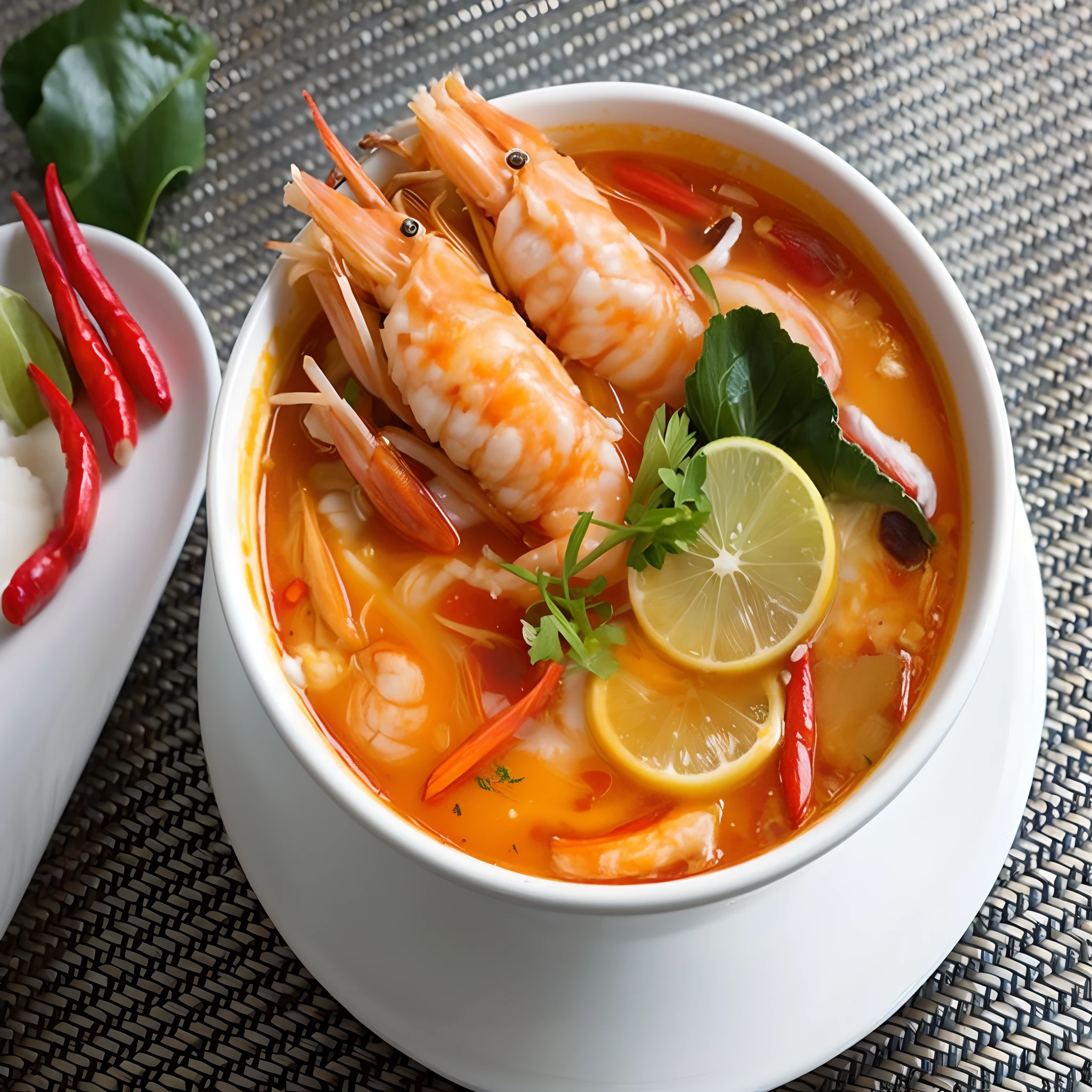 There is a soup bowl with shrimp and vegetables in it., Southeast Asia vs. Long, High-quality food photography, yummy, strong, thailand, shrimp, HD Food Photography, soup, Professional Food Photography, In the form of Lammani, vivid and detailed, ❤🔥🍄🌪, Realistic images of delicious pho, in style of thawan duchanee