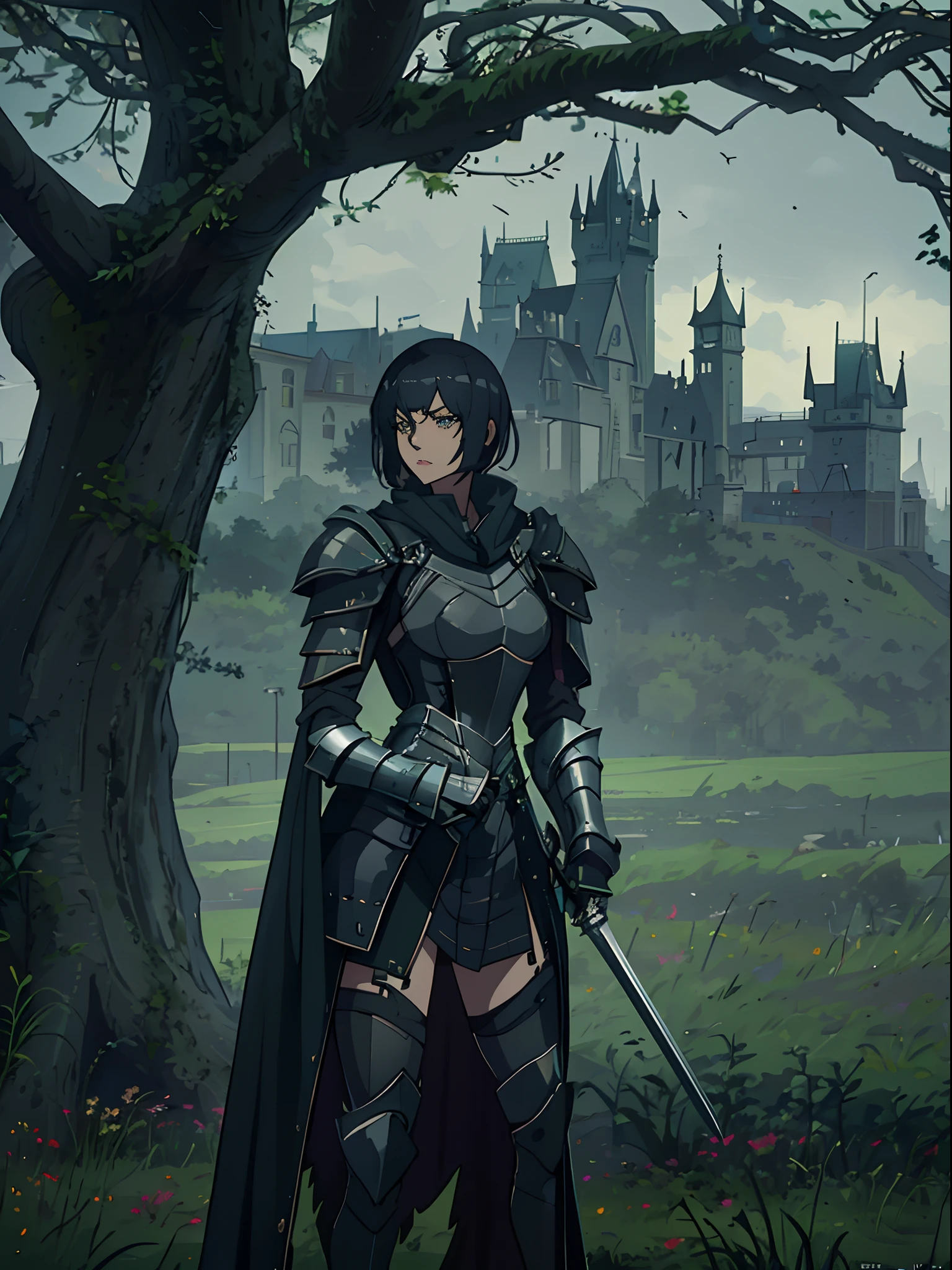 gloomy goth emo female knight, depressed, cloudy foggy misty setting, vast desolate field, castle in far distance, black eyeliner, black eyeshadow, tomboy, short hair, hair between eyes, side-locks, medieval intricate elaborate knight armor, narrow waist, wide hips, overcast