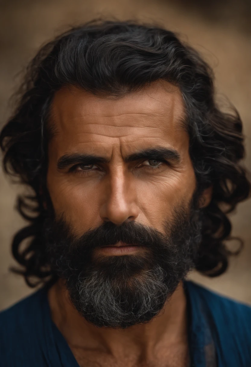 "Retrato de un hombre sabio e imponente, Looking straight ahead from 40 years old, esbelto, Barbudo y con canas, with a serious expression and an air of experience. Definition of Highes. Inspiration of ancient Greek man."