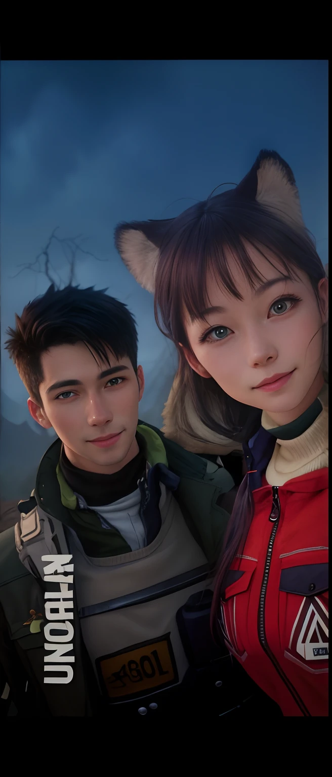 Medium shot, couple, one man and one woman, deep forest, adventure, frolic, happiness, smile, storm jacket, sweater, jeans, pretty eyes, playfulness, surrealism, cinematic lighting, 8K, 16K, masterpiece, high detail, high quality, high resolution, award-winning, best quality, accurate, skin texture