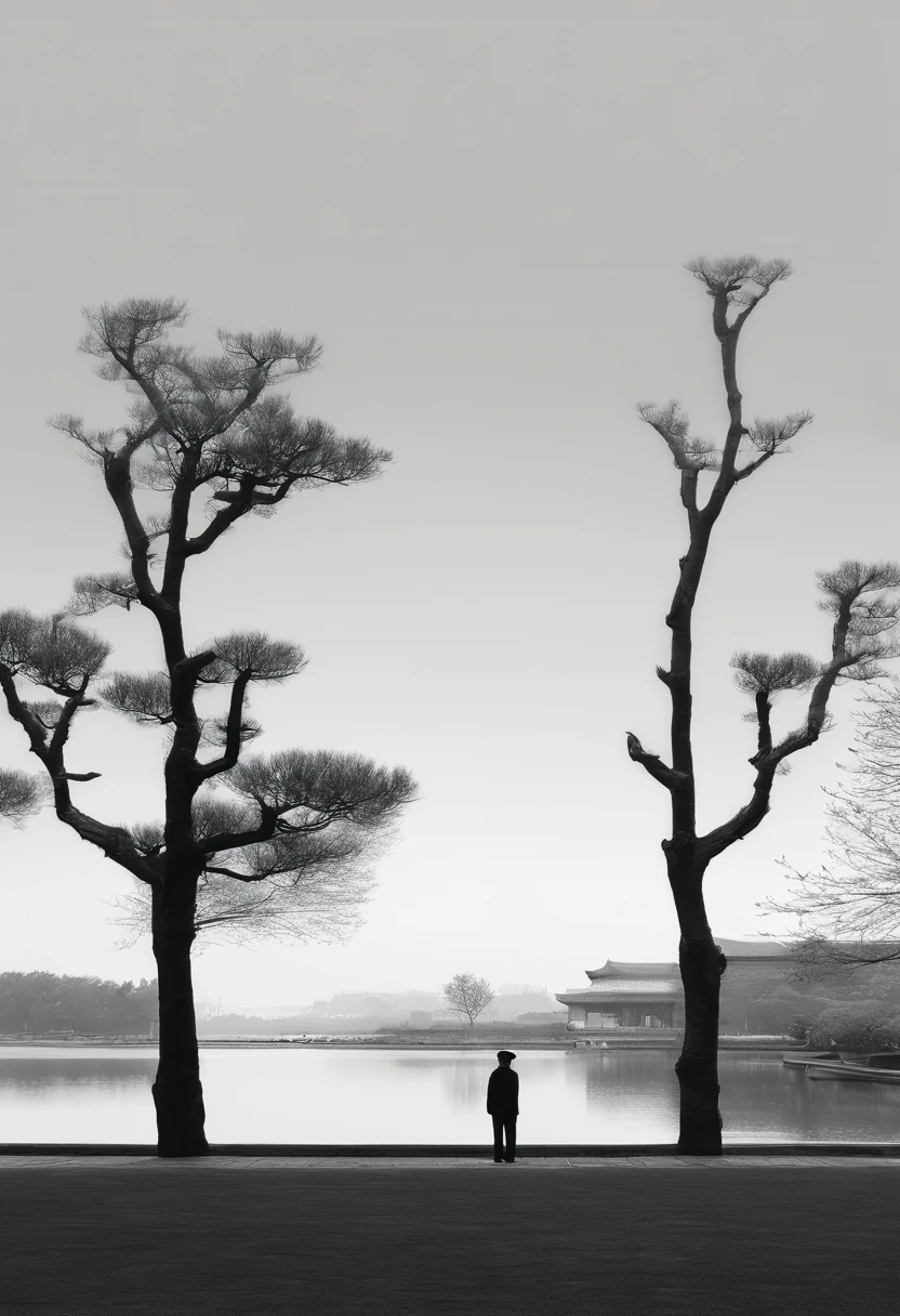 A tree with few leaves, Autumn view Little man under the tree, Black and white Suzhou architecture in the distance, Chinese Style Landscape Zen Minimalist Aesthetics Minimalist Sense of Space Chinese Traditional Culture Chinese Style Landscape New Chinese Style Oriental