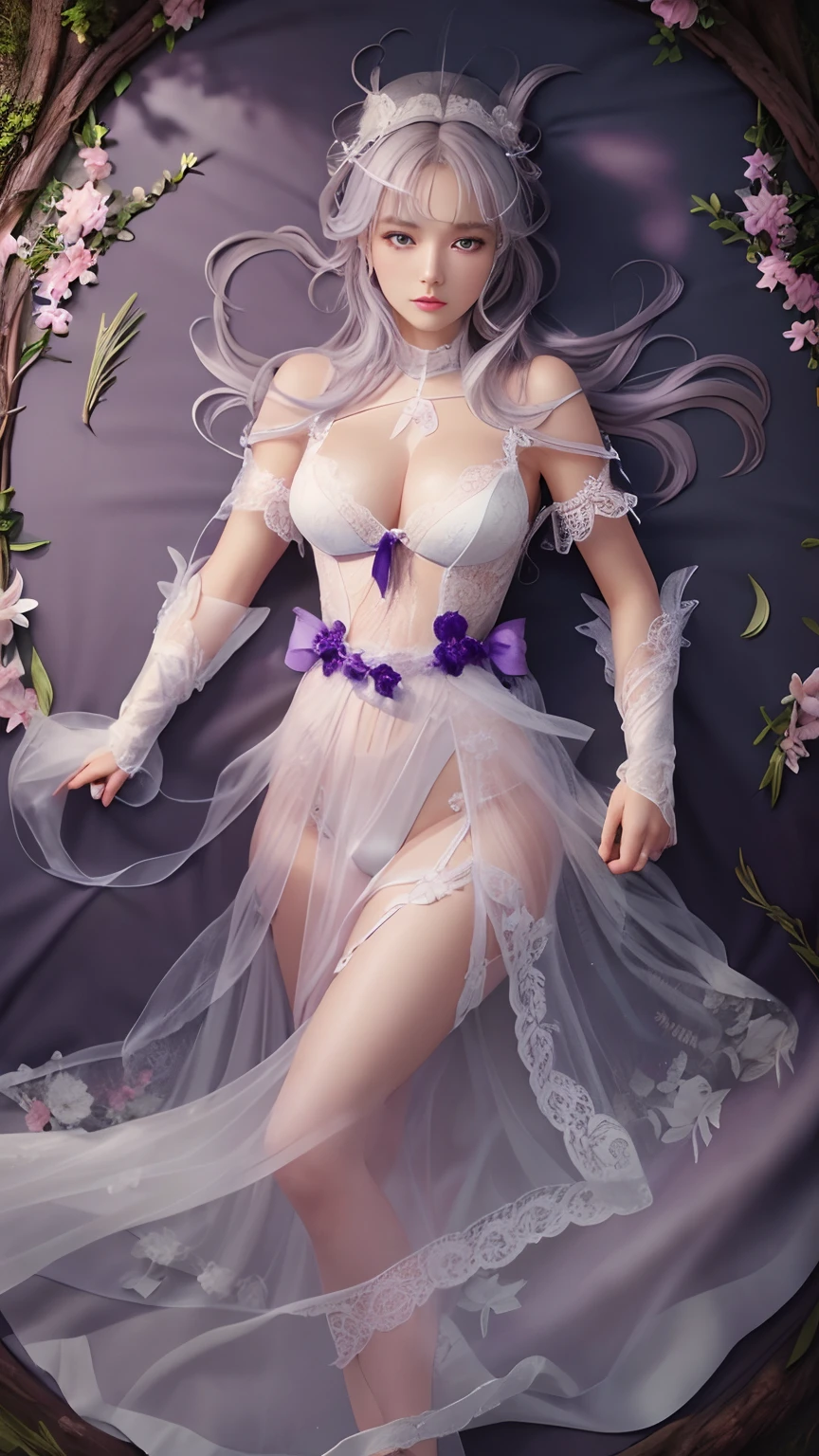 Masterpiece, Best quality, 1girll,  Silver hair, Purple eyes, Long hair,one-girl，grassy，The tree，tree branch，（realistic detail，Natural skin texture），Complicated details，The is very detailed，Ultra photo realsisim，shiny skins，shinny hair，looking at viewert，redish pink lips，Mid-breast enlargement，8K分辨率,Clear white lace lingerie，Clear white lace panties，In the lily garden，There is a ditch，Facing the audience