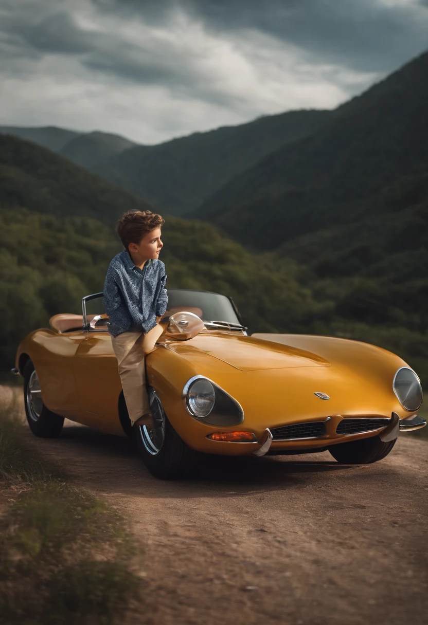 Boy with the car fucheristic background realistic face