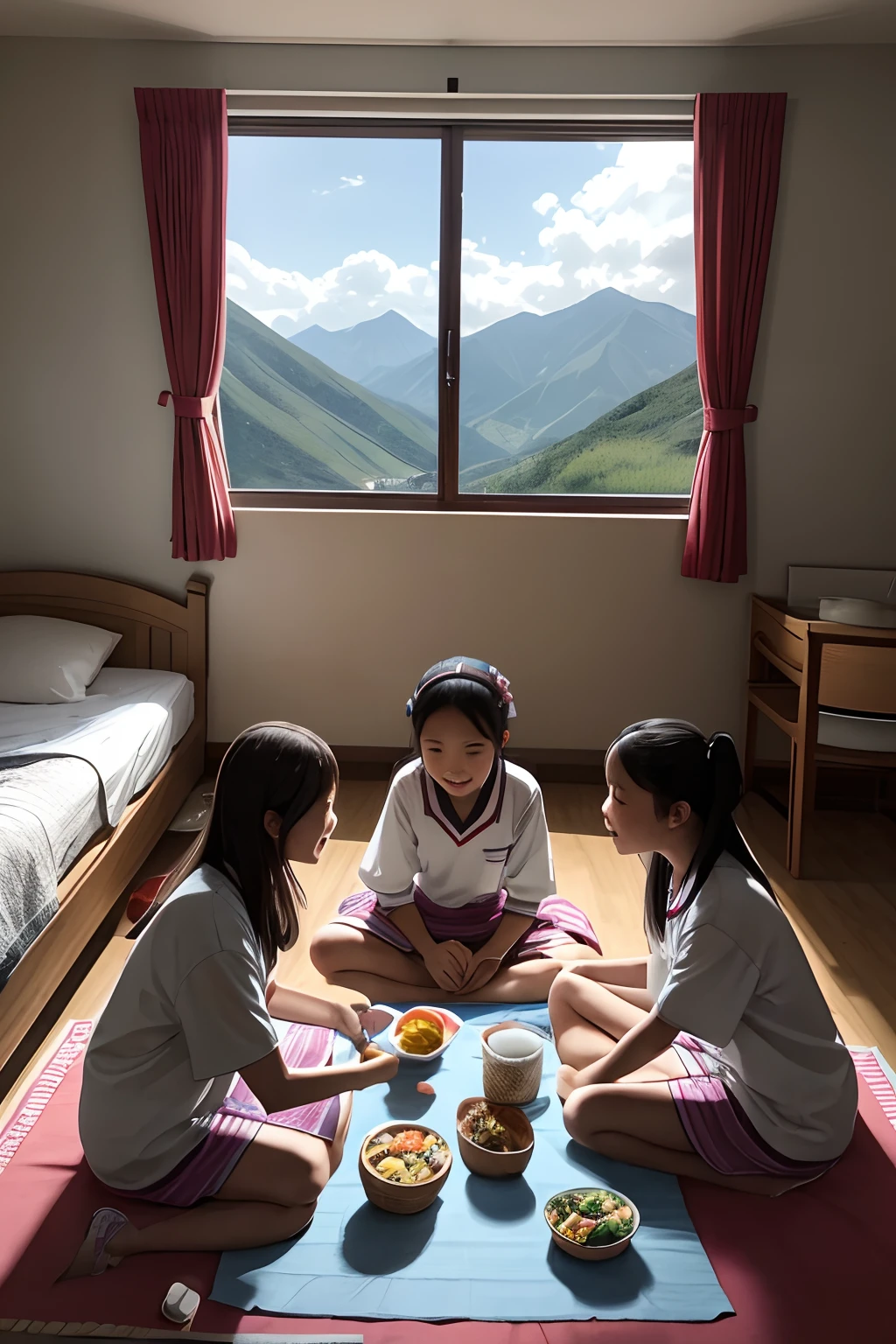 In the school dorm, 3 happy chinese girls about the age of 10 wearing causual outfit sitting on the floor having a picnic in the room. On the hands held lot of food. the floor is covered with picnic blanket, there is a small window with moutain view outside and there is a blue sky. Simple lines, Miyazaki style, Morandi color with obvious lines, no extra limbs
