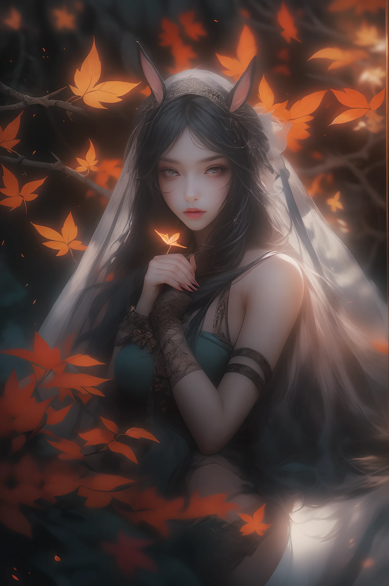 Stunning reflections, autumn style，Better reflections. (очень Dетализированные обои CG unity 8k), (beste-Qualit), (best illustrations), (best shadows), (Night gloomy background, Gloomy and hopeless, Dark dramatic lighting, vignette), Realistic eyes, beatiful face, 1A girl with a perfect body, with a white rabbit in his hands, with long, straight hair, generous cleavage, She wears a veil with a hood on her head, ((perfect anatomy)), gotik, Burnt orange gradient, surrounded by tender leaves and branches, with fireflies and glowing particle effects, (Natural elements), (leaves), (twigs), (Fireflies), Butterflies, (Tender leaves), (Glow), (particle fx). , Fantasy art, bokeh, Octane rendering, ray traced, overdetalization. terror, terrific, Creepy, Scarimok a sense of sophistication and tranquility. The overall aesthetic should be sleek and stylish, which makes it suitable for branding and logo.