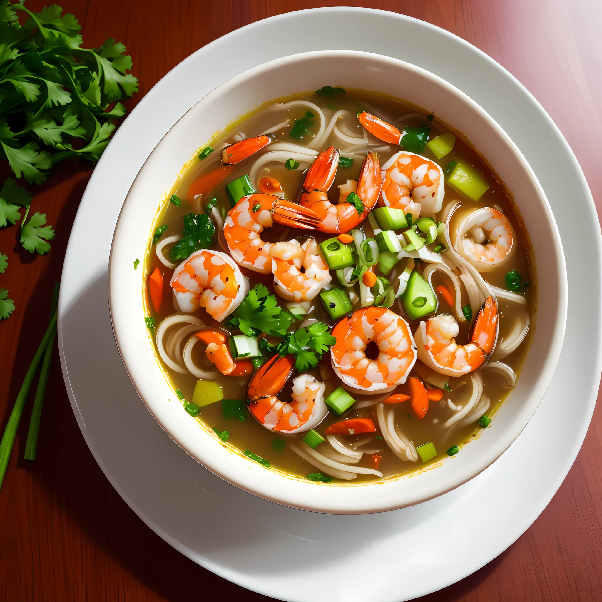 There is a soup bowl with shrimp and vegetables in it., Southeast Asia vs. Long, High-quality food photography, yummy, thailand, strong, shrimp, HD Food Photography, soup, Professional Food Photography, In the form of Lammani, vivid and detailed, ❤🔥🍄🌪, Realistic images of delicious pho, in style of thawan duchanee