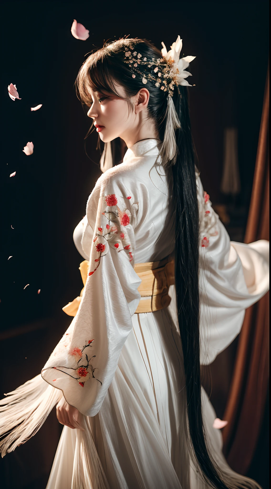 (Best quality,4K,A high resolution,Masterpiece:1.2),Ultra-detailed,Realistic, Black and white Hanfu,Black embroidery, Flowing white ponytail, Long flowing hair, White mask, The mask flutters in the wind, Fringed Hair Ornament, Peony flower, Ancient style, Wide sleeves, Dynamic pose, Dramatic composition, falling flower petals, red waistband, the complex background, Ancient architecture, Misty clouds, Fairy tale background, Swirling clouds, Cinematic lighting.